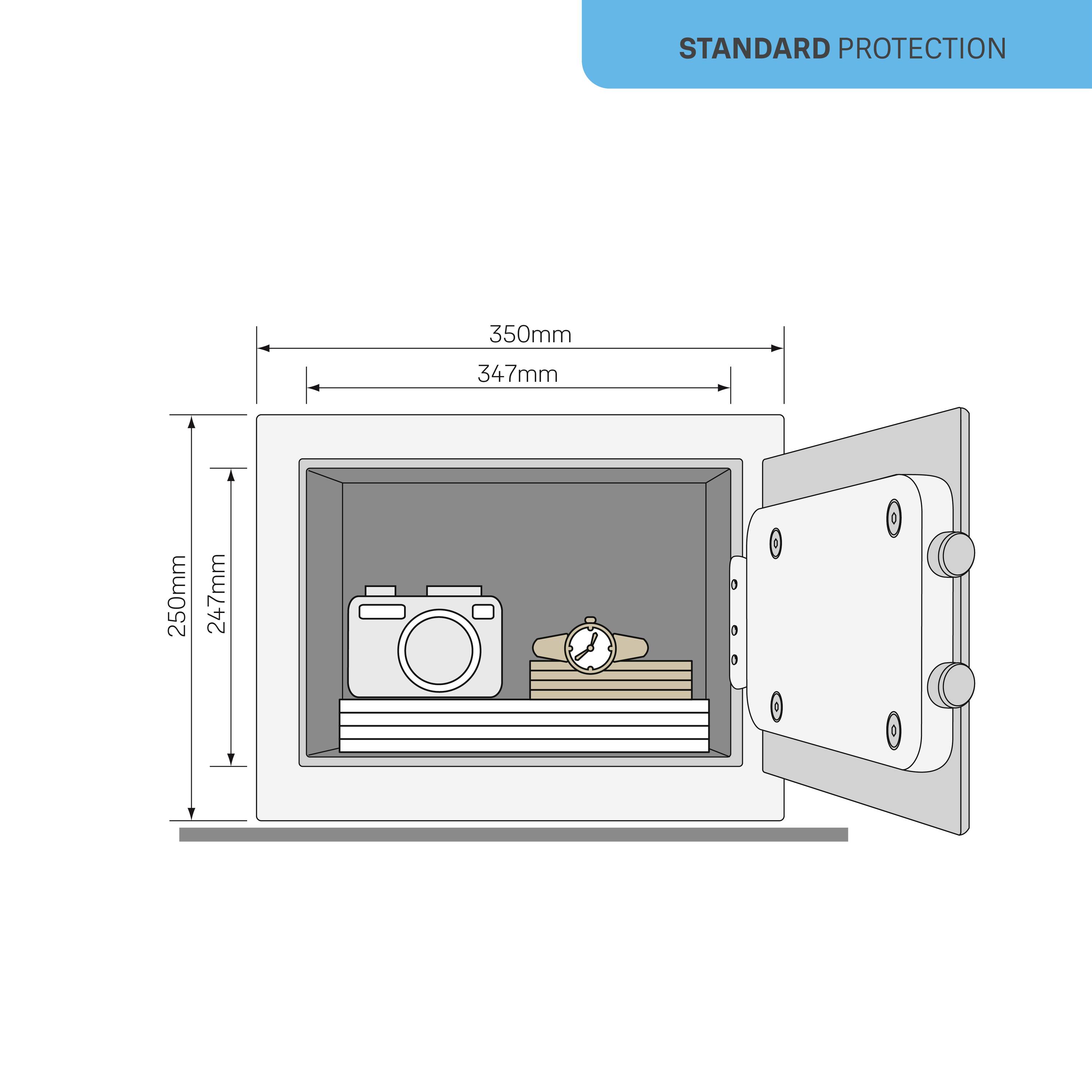 Open safe with internal dimensions; contains a camera, a stacked document and a watch. Labelled 'Standard Protection'.