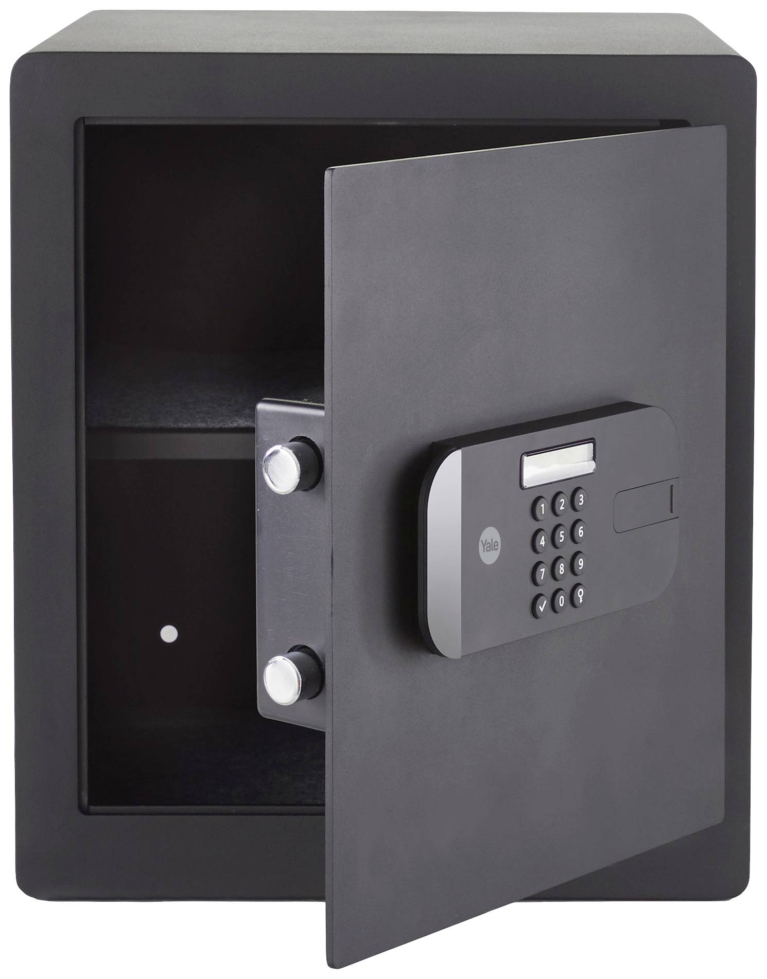 Secure safe with an open door, showing the interior. Keypad for code entry visible. Suitable for secure storage.