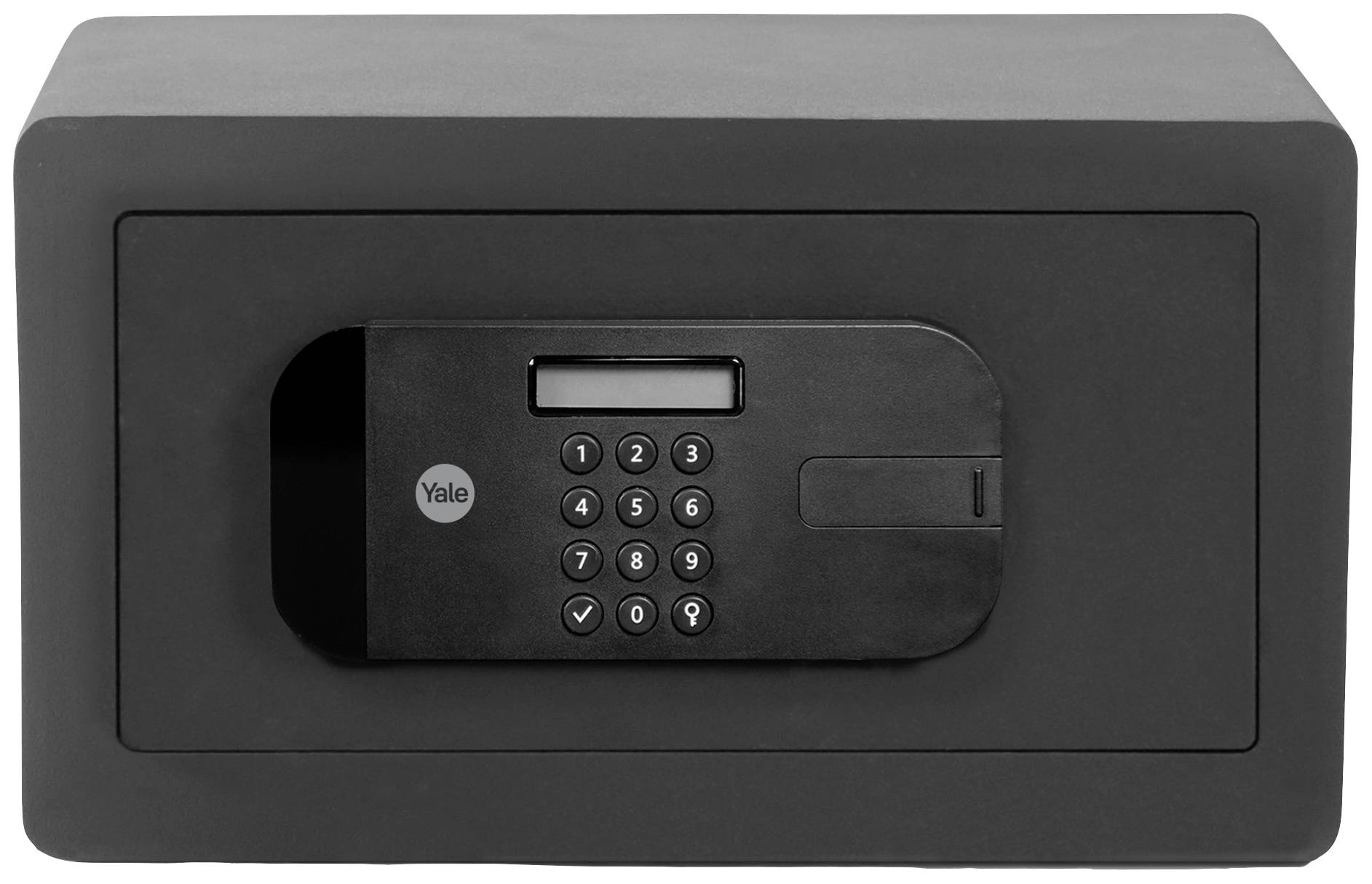Grey safe with digital combination lock and small display on the front.