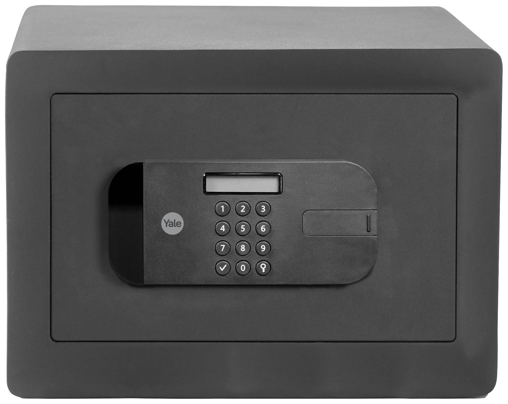 A black safe with a digital combination lock and display on the front.