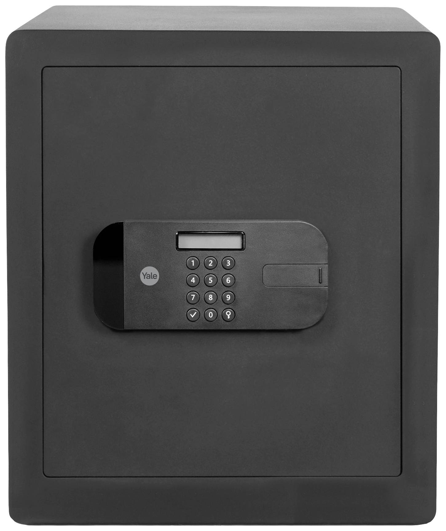 Black safe with digital keypad for code entry, rectangular shape, smooth front.
