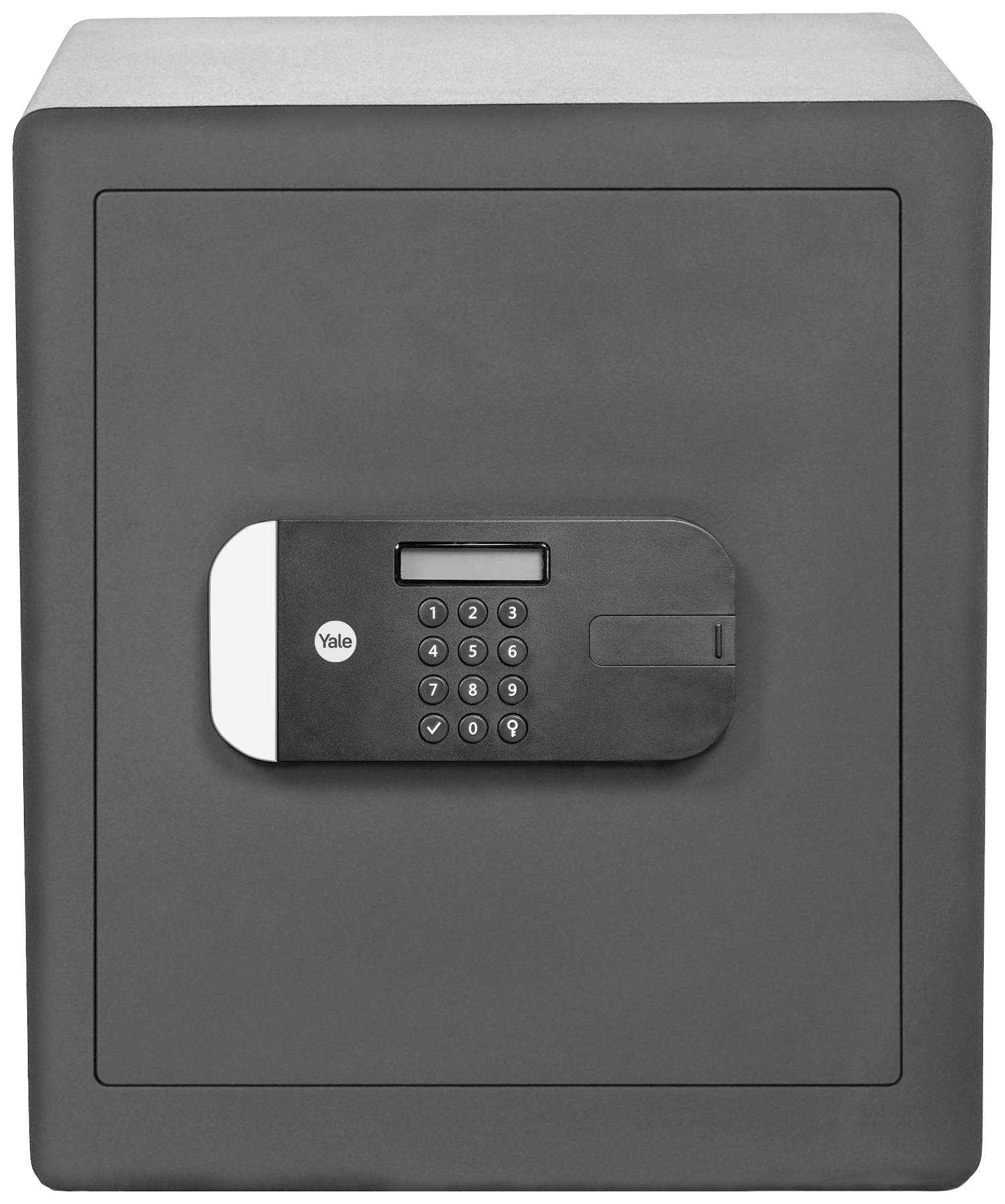 A grey safe with a digital combination lock and a round handle, suitable for securely storing valuables.