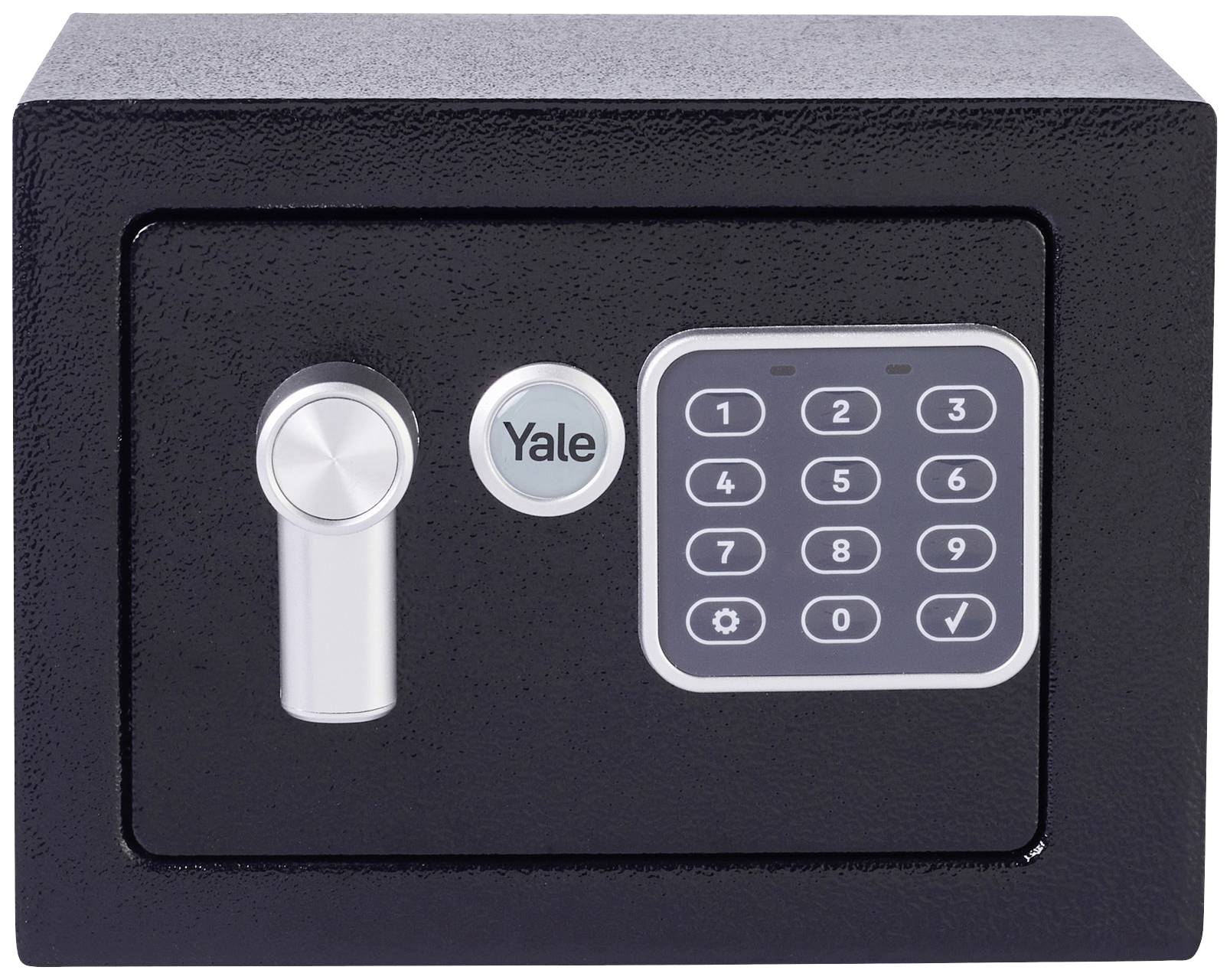 Black safe with digital keypad and rotary knob on the front, with the brand name 'Yale' visible.