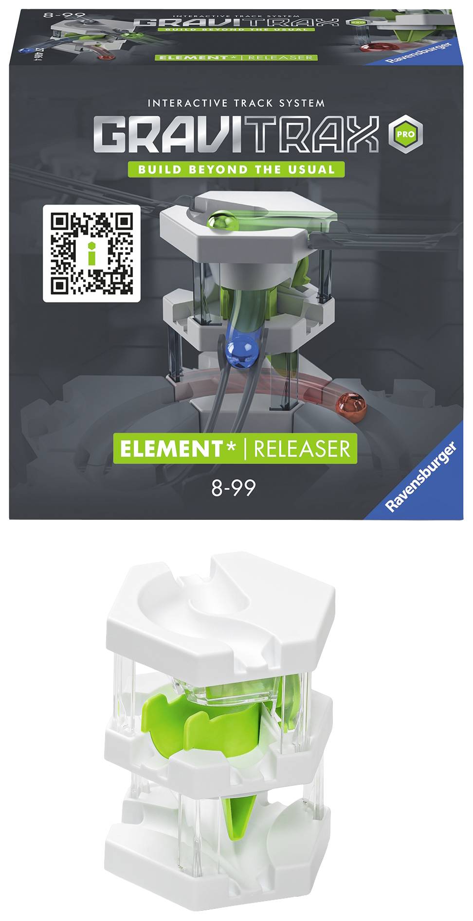 Packaging of the GraviTrax Releaser by Ravensburger, interactive rail system for children aged 8 and above, with green mechanism.