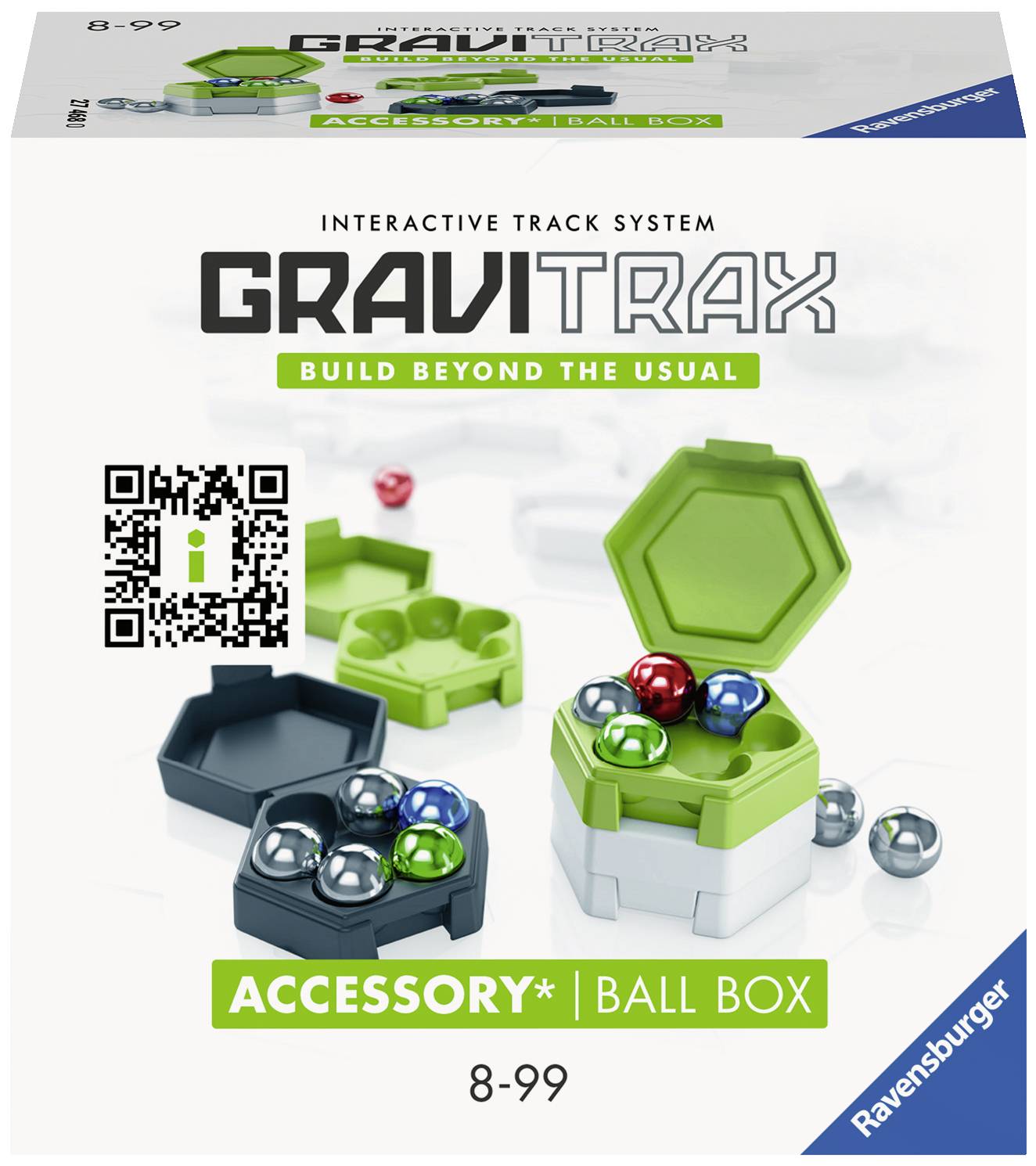 GraviTrax Accessory: Ball Box for the interactive track system. Contains balls in a green and black storage box.
