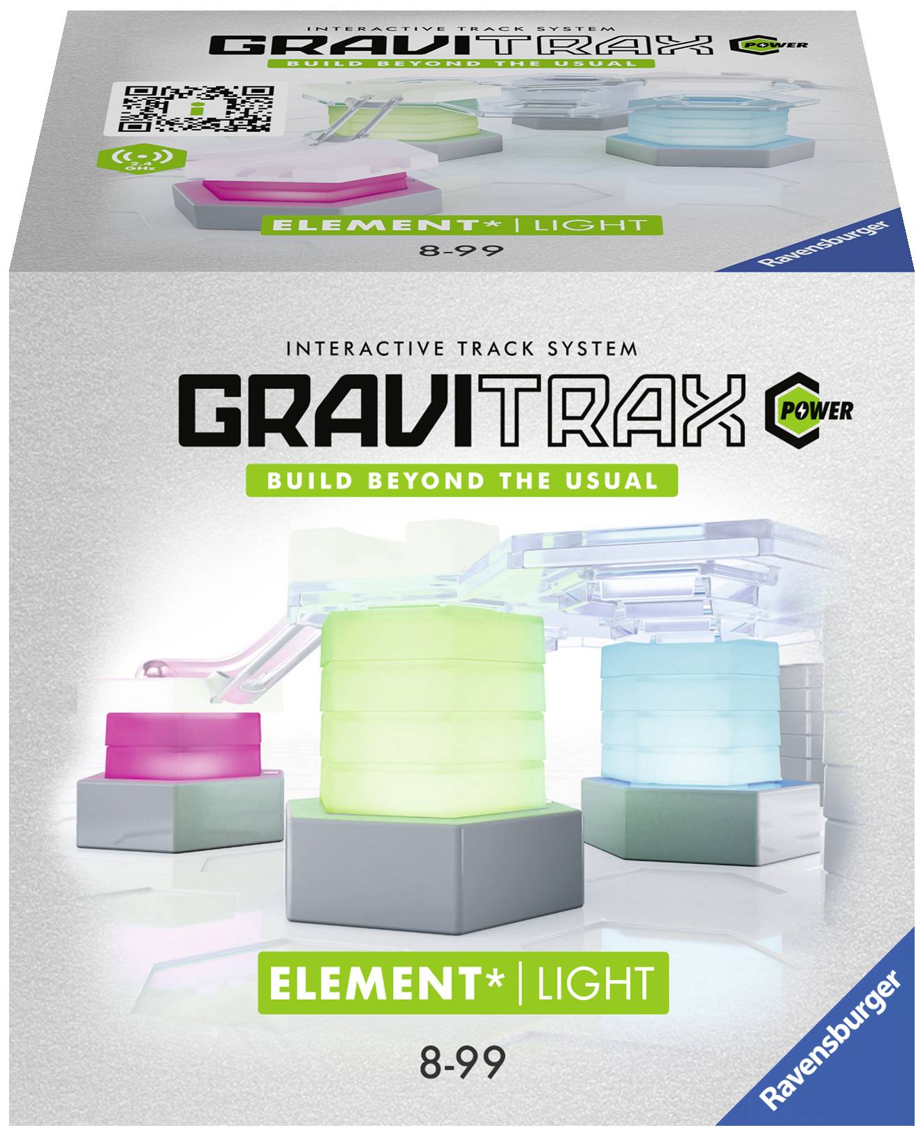 'Gravitrax Power Element Light', an interactive rail system for children aged 8 to 99 years. Includes illuminated building elements.