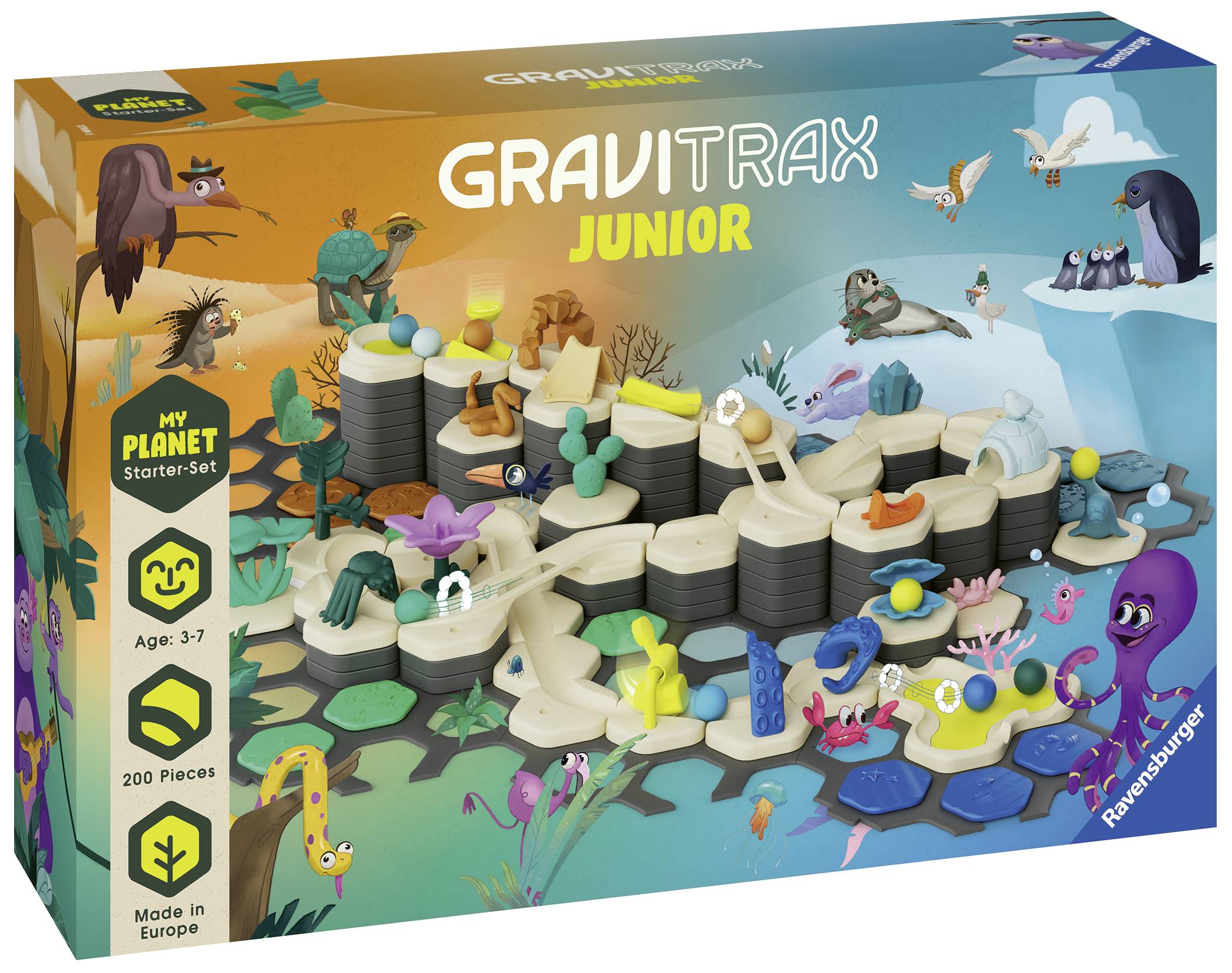 Toy Box Illustration: GraviTrax Junior Set with Figures and Track Elements. Recommended for children aged 3-7 years. Made in Europe.