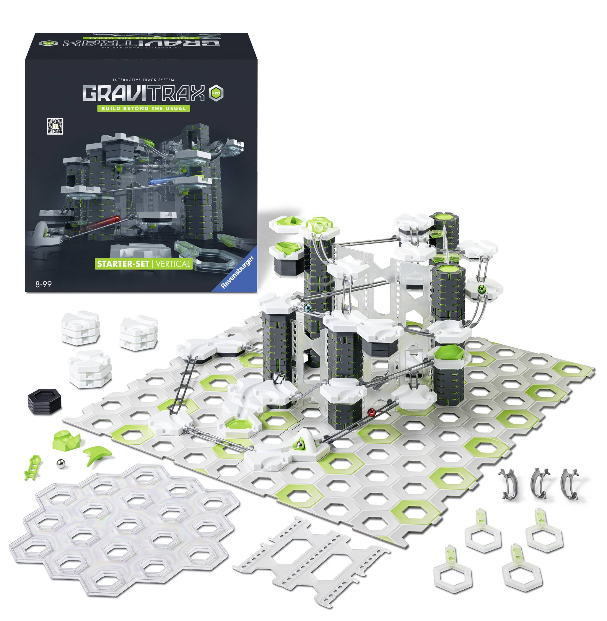 'GraviTrax Starter Set Vertical' from the Ravensburger series, showcases a marble run construction set with vertical elements and accessories.