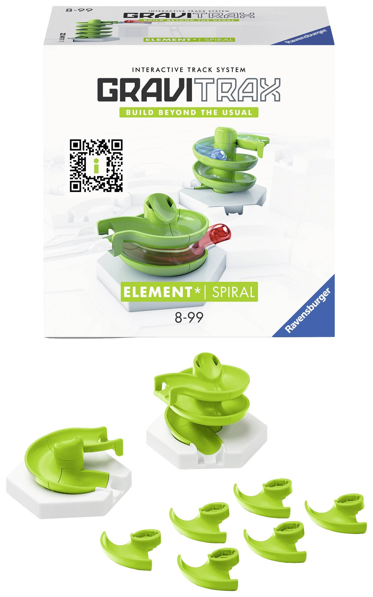 'GraviTrax Element Spiral' set with green elements to extend a marble run. Suitable for ages 8-99 years.