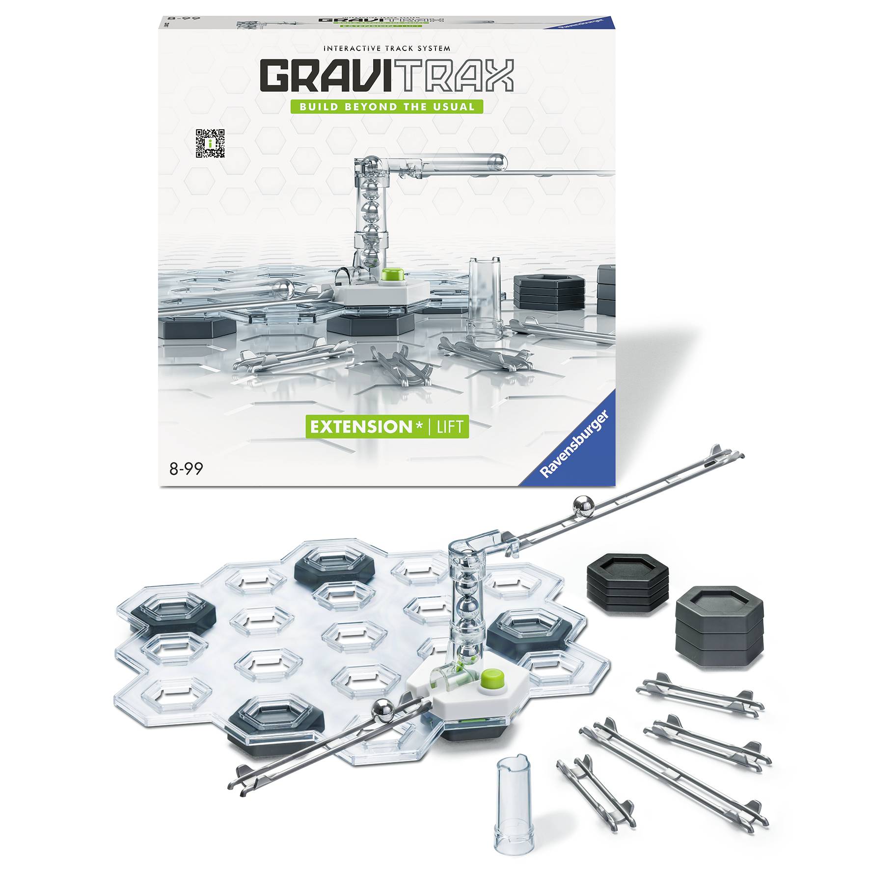 A set with a GraviTrax extension kit. Contains an elevation, tracks and components for an interactive marble run system.