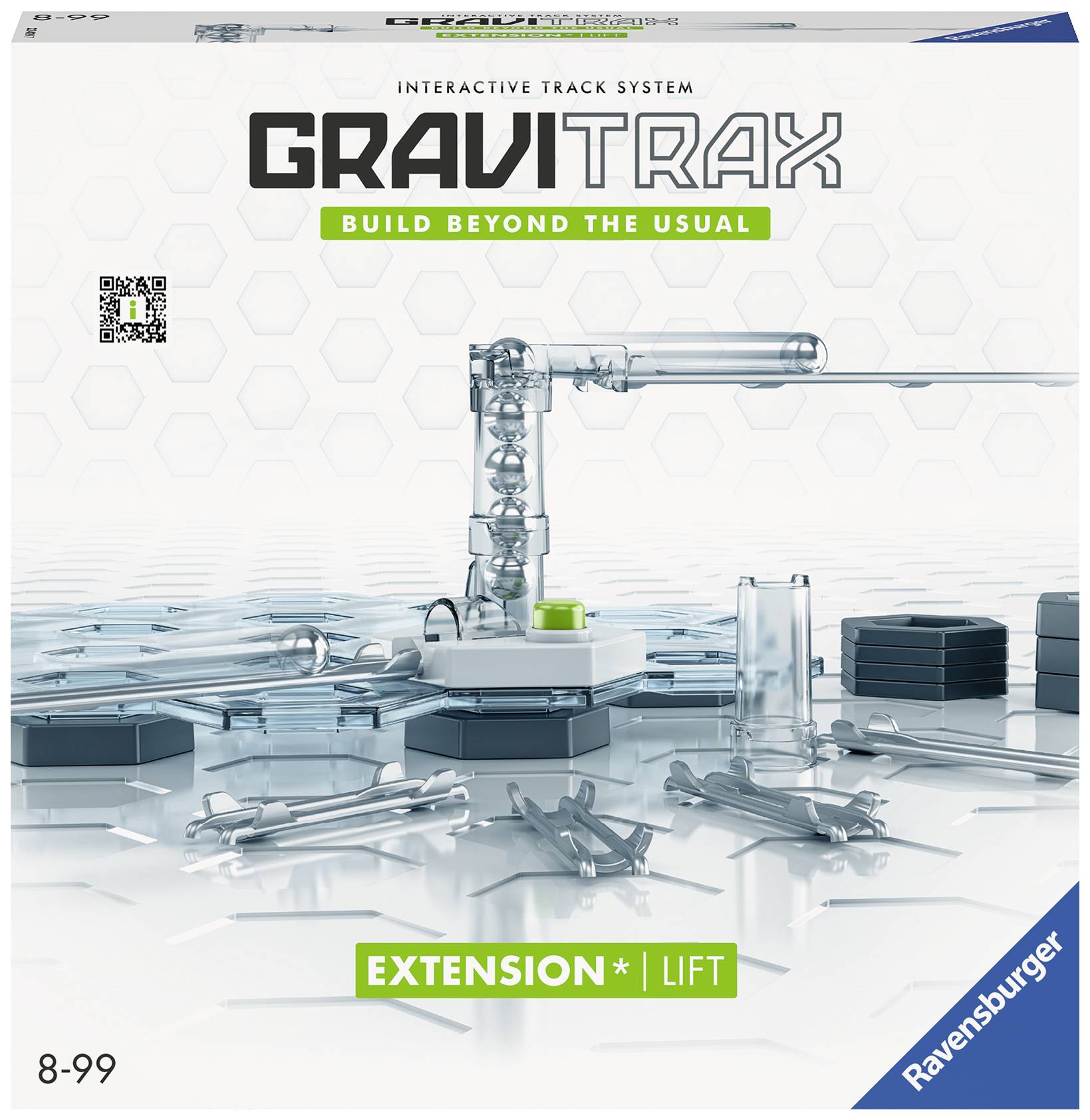 Packaging for the 'GraviTrax Extension Lift' by Ravensburger, depicting a lever system on a geometric background, suitable for children aged 8 and above.