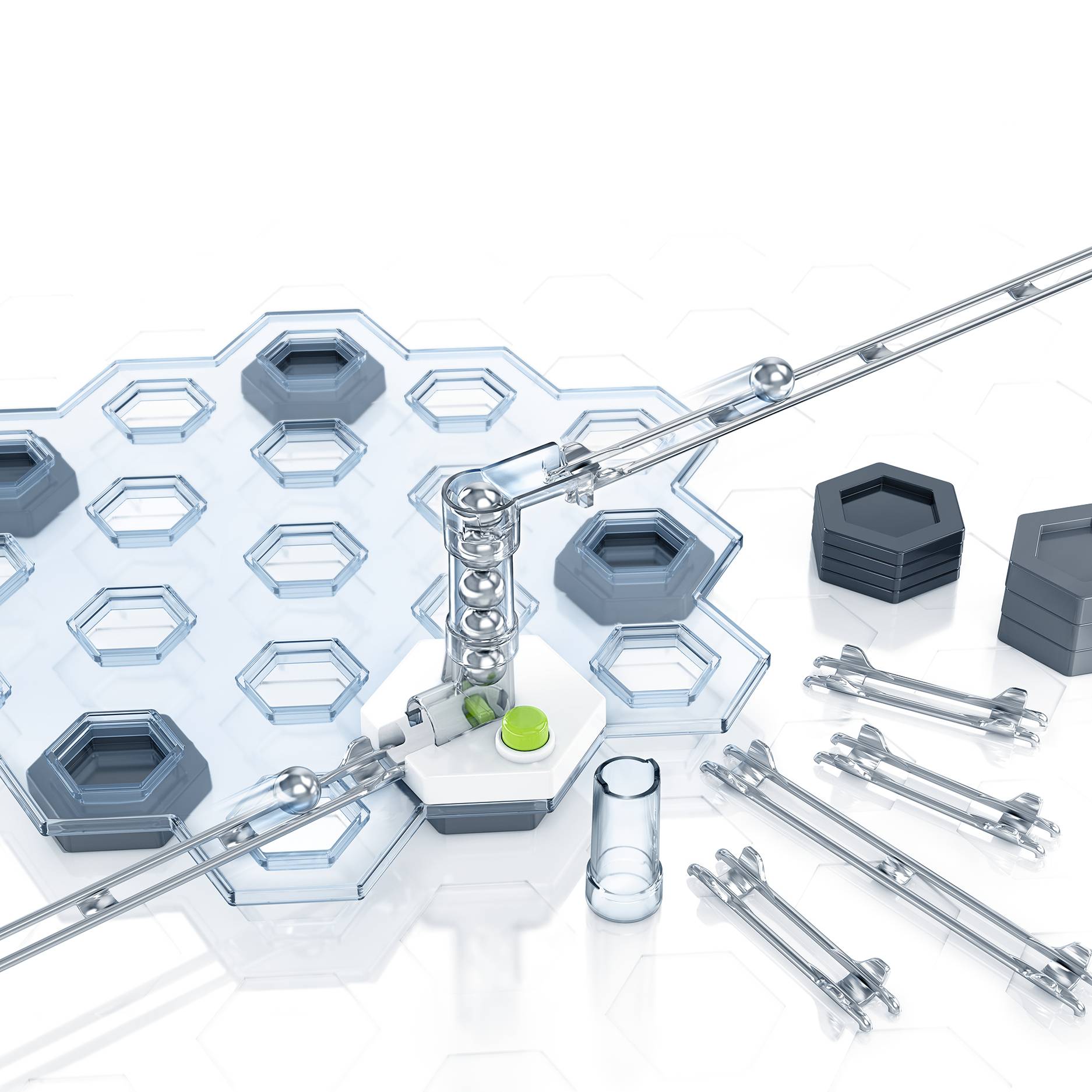 A construction set with hexagonal building blocks, a central support, transparent tubes, and connecting elements, on a white background.