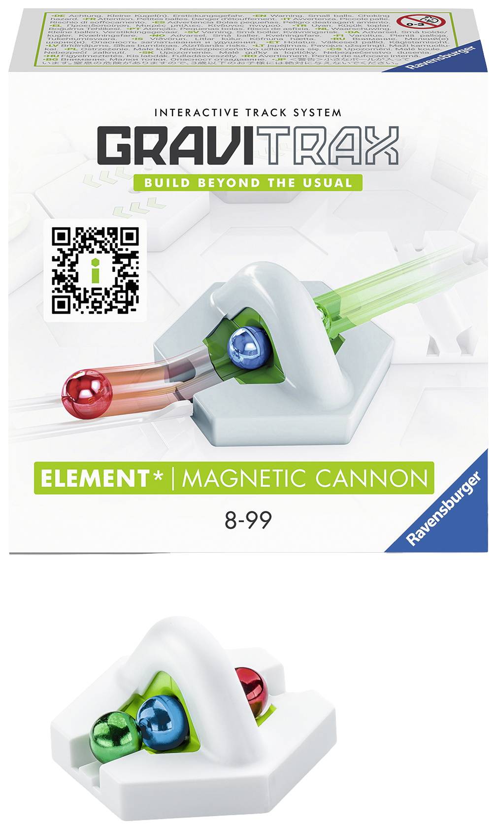 Packaging of the 'Gravitrax Magnetic Cannon' toy by Ravensburger with two colourful balls and interactive track elements.