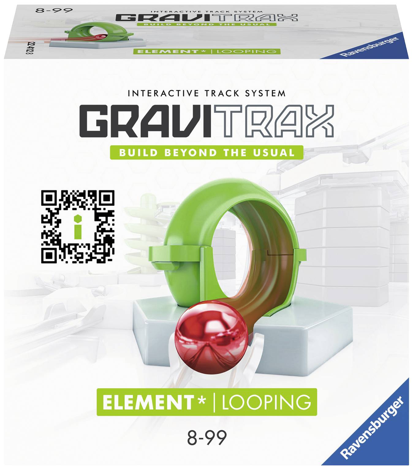 Packaging for 'GraviTrax Looping', an interactive track system toy for children aged 8-99, with QR code.