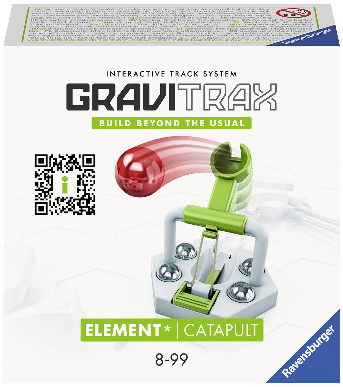 GraviTrax Element Catapult Set packaging shows a catapult extension for interactive marble runs. Age recommendation: 8-99 years.
