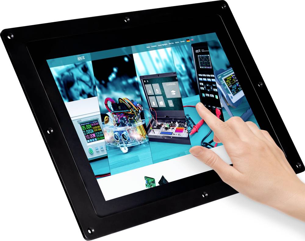 A hand touches a screen displaying a technical diagram with electronic components and circuits.