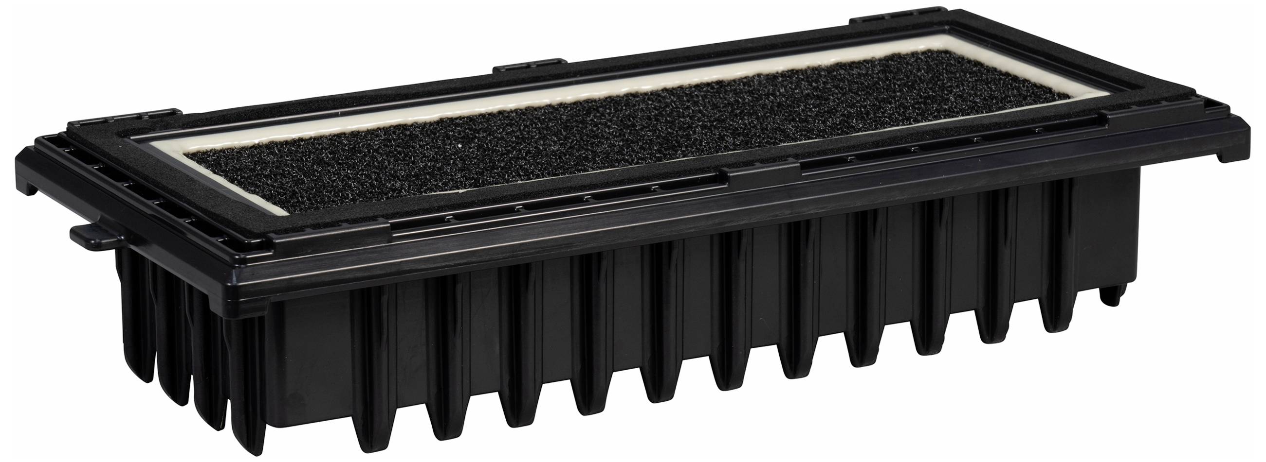 A rectangular black air filter with fin-like sides.