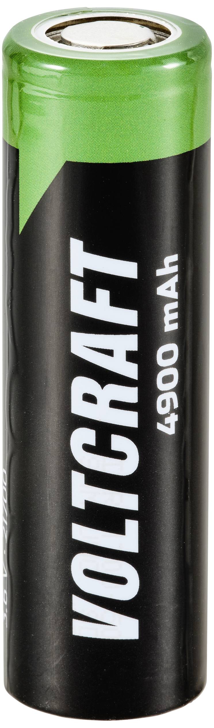A rechargeable battery by Voltcraft with a capacity of 4900 mAh, black casing with a green upper rim.