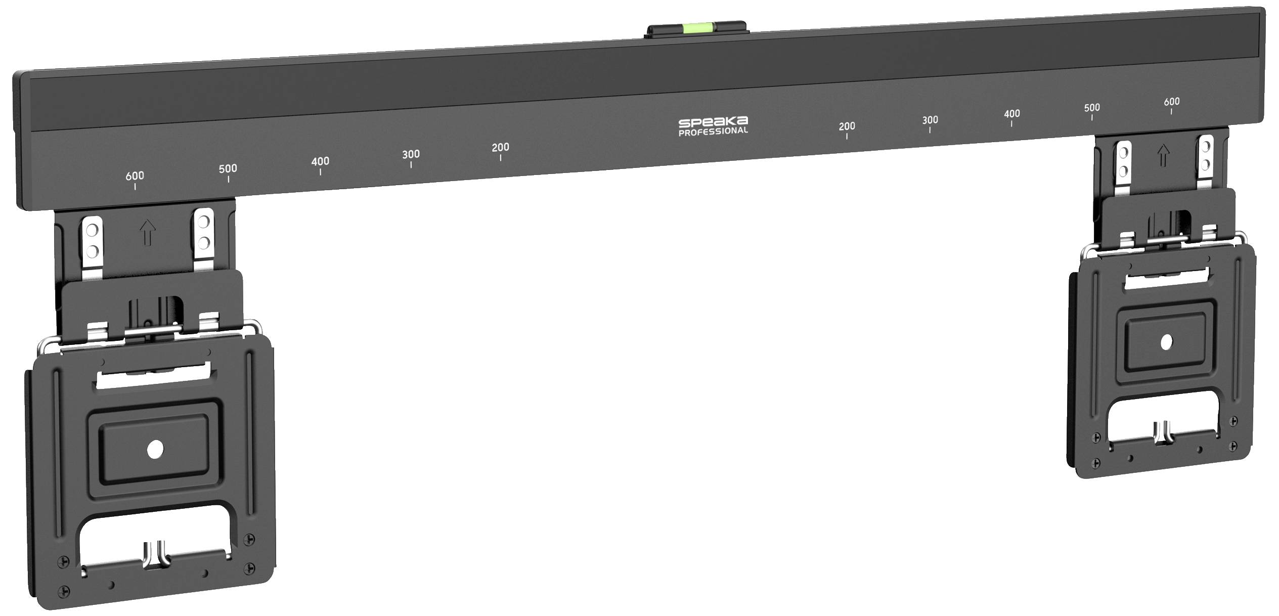 A black mounting bracket with a scale and two adjustable clamping elements, suitable for mounting monitors or screens.