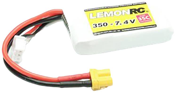 A lithium-polymer battery labelled 'LemonRC 350 - 7.4V 35C' with connected cables, used for remote-controlled models.
