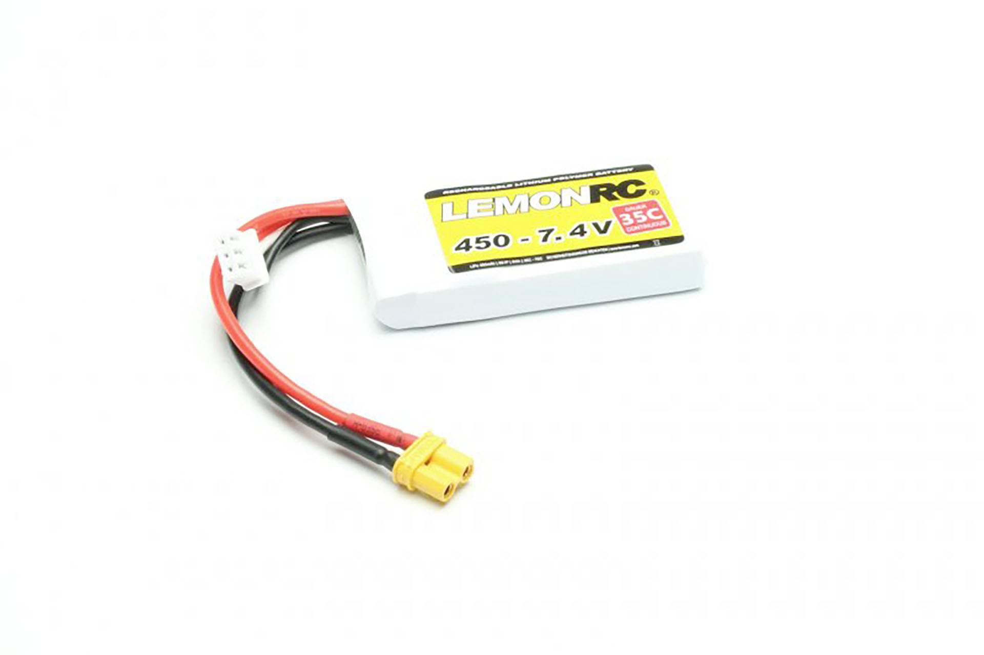 A white lithium-polymer battery for remote-controlled models, with the inscription 'LEMONRC 450-7.4V 35C', showing red and black connection cables.