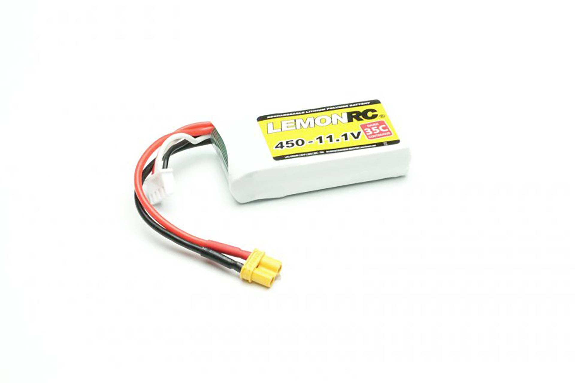 A lithium-polymer battery with the label 'LEMON RC, 450-11.1V'. Two cables with a yellow plug and a white connector.