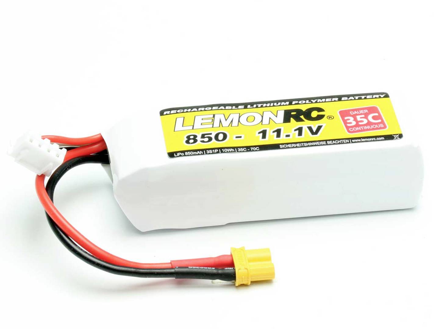 White lithium-polymer battery with yellow connector, label 'LEMON RC 850 - 11.1V', suitable for model building with 35C discharge current.