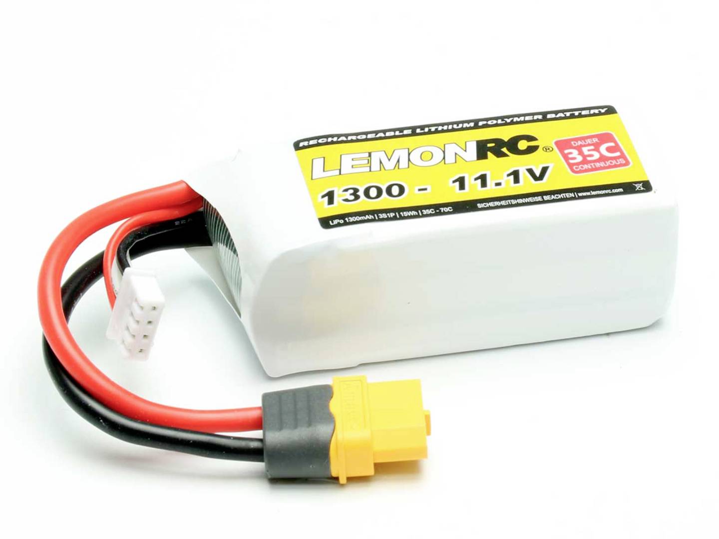 A LemonRC Lithium Polymer battery with a capacity of 1300mAh and 11.1V. The battery has red and black connection cables.
