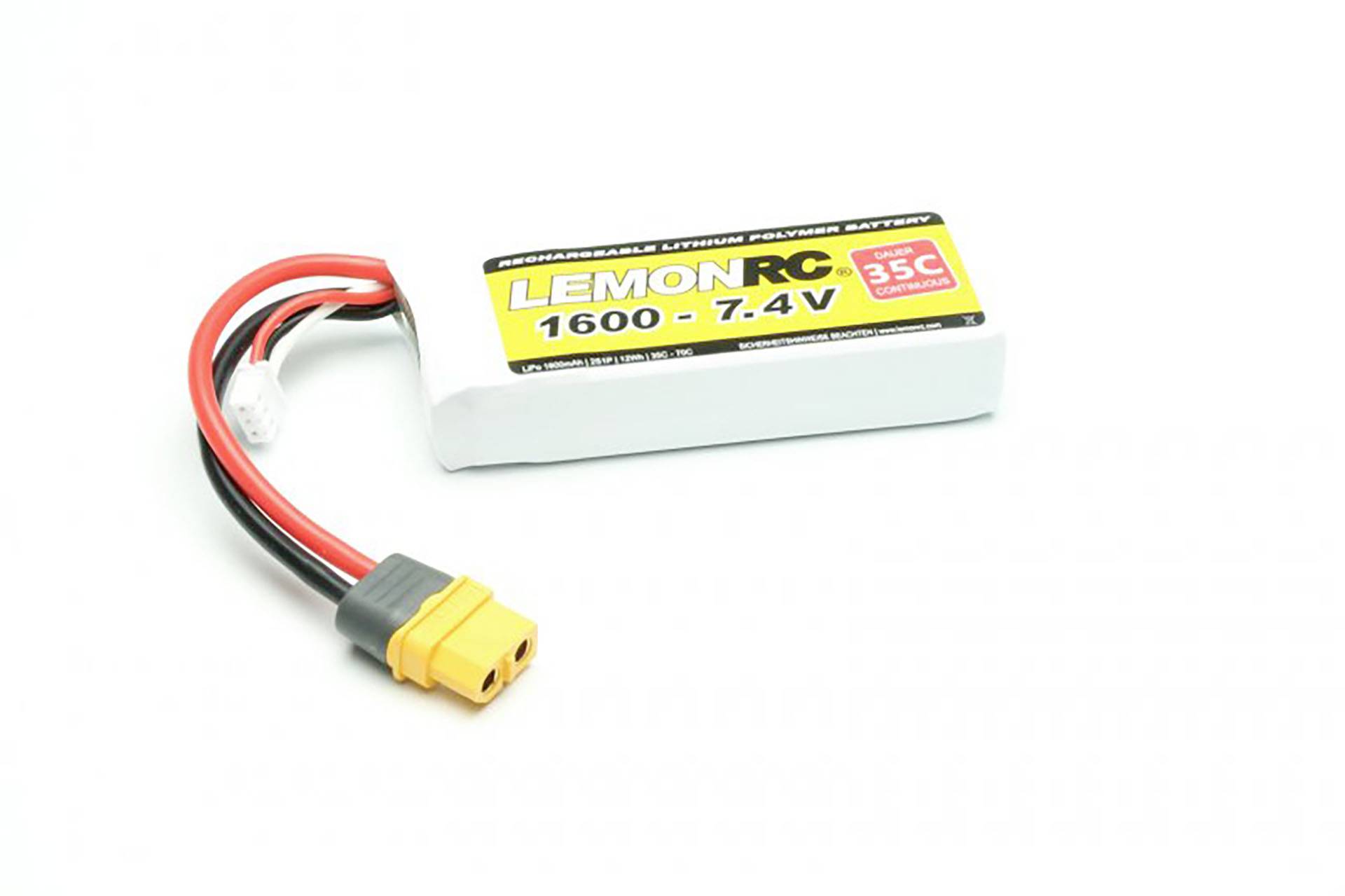 A lithium polymer battery labelled 'LemonRC 1600 - 7.4 V 35C'. The battery has red and black connection cables.
