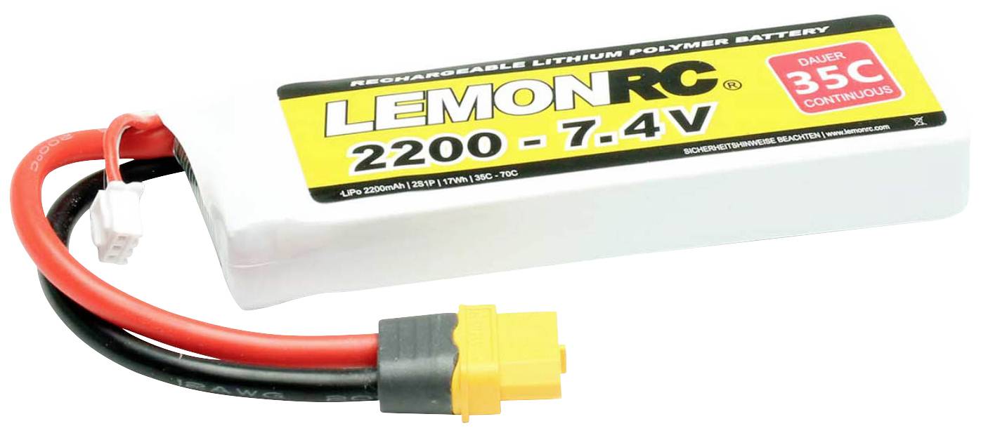 Lithium Polymer battery by 'LemonRC', 2200 mAh, 7.4V, with 35C discharge current, white casing, red and black cables with yellow connector.