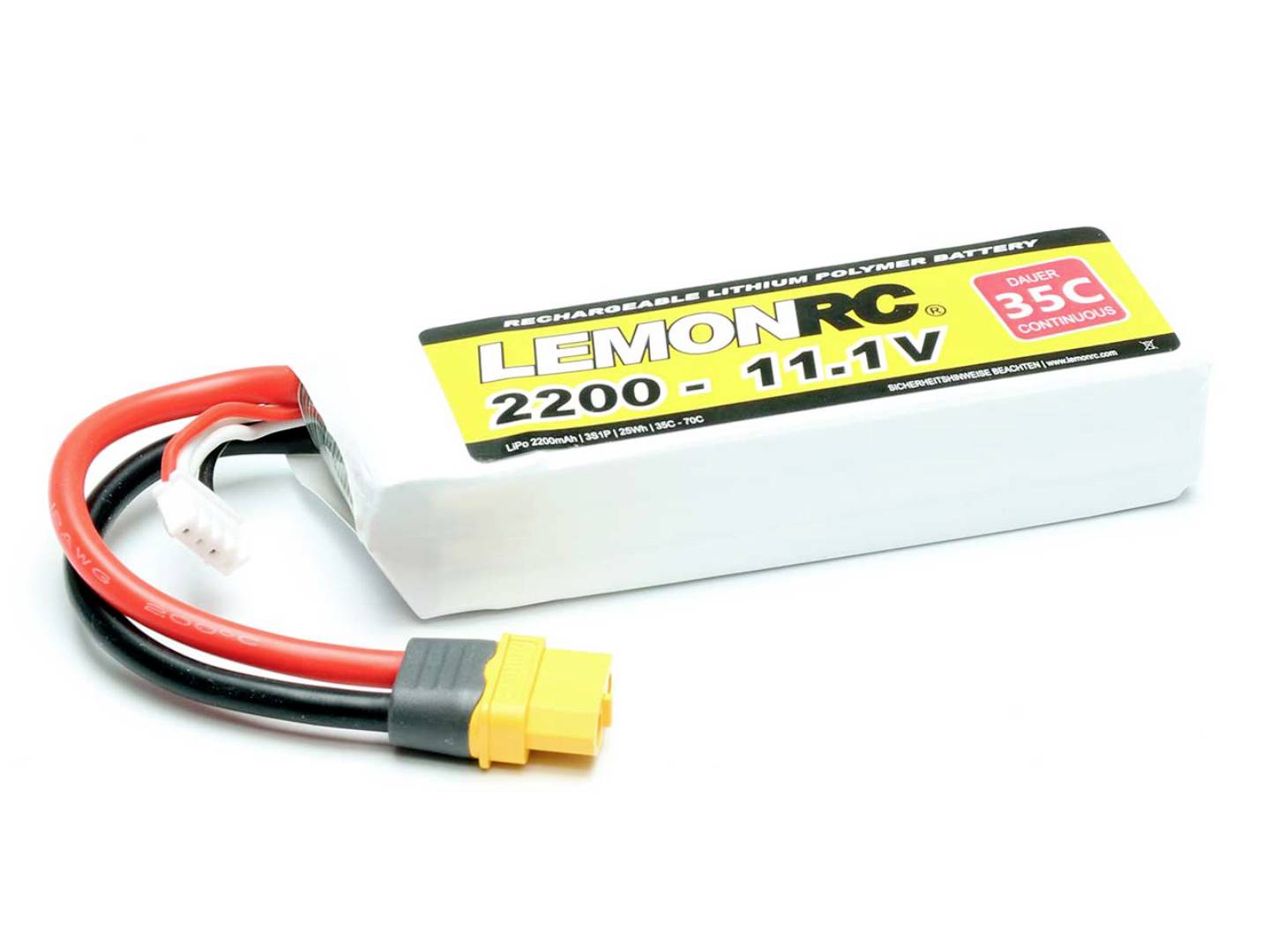 A rechargeable lithium polymer battery with the inscription 'LEMONRC 2200 - 11.1V, 35C', yellow connector, and black and red cables.
