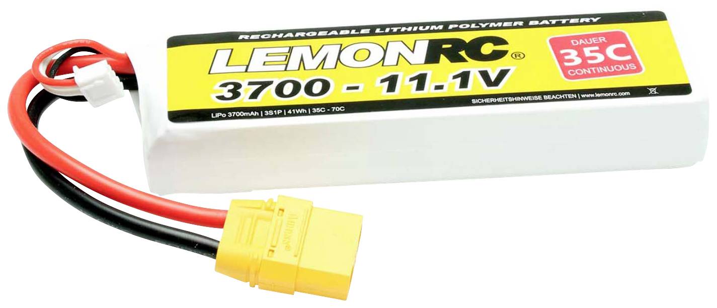A rectangular lithium polymer battery from LemonRC, 3700 mAh, 11.1 V, with a yellow connector and red/black cables.