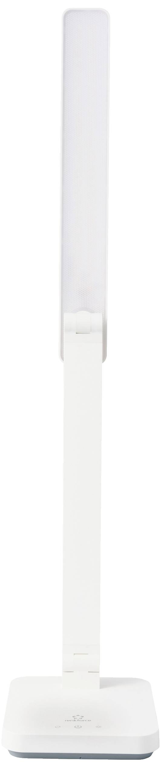 White, slender table lamp with a long, vertical illumination arm and square base. Minimalist design, vertically oriented.