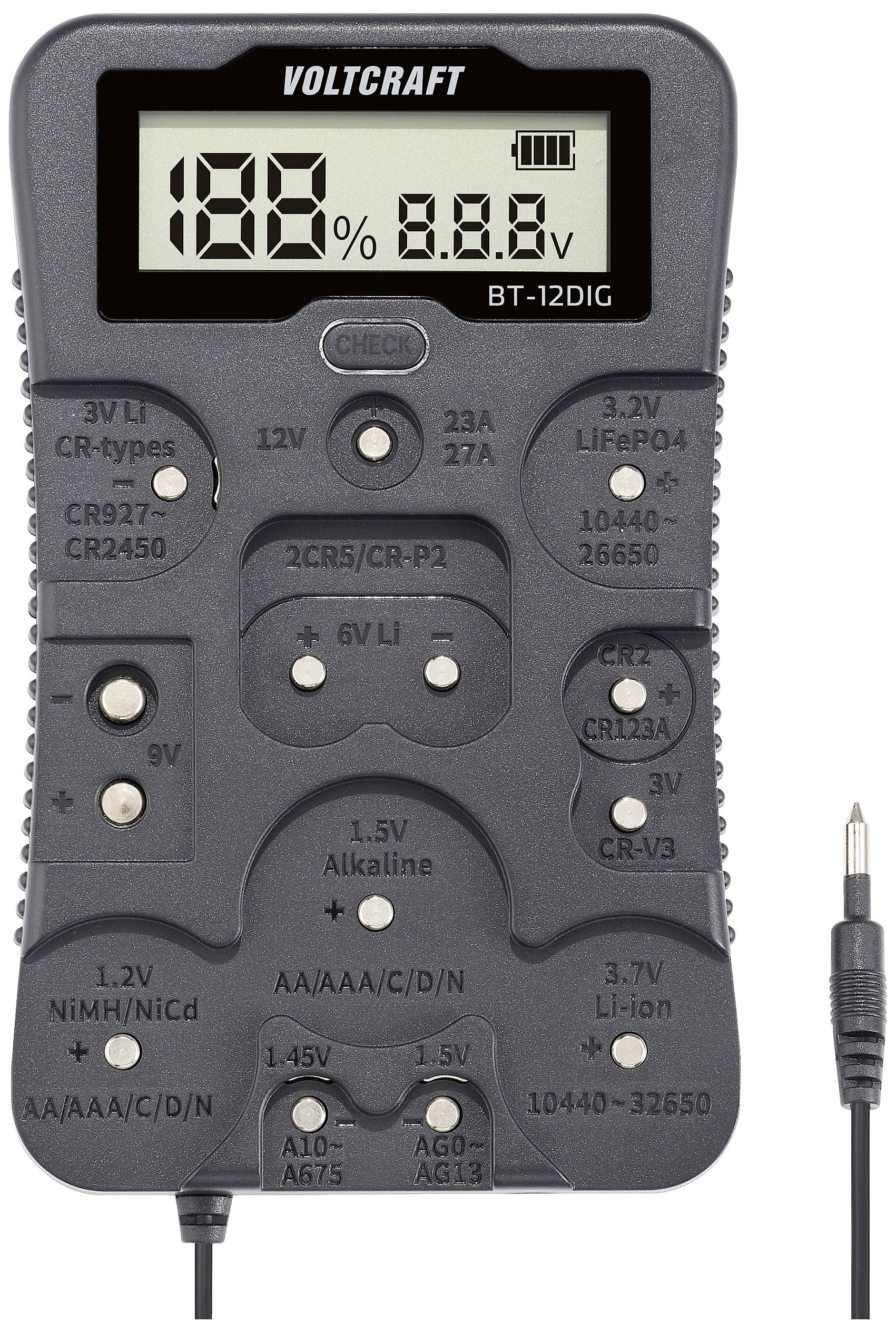 'Voltcraft BT-12DIG' Battery Tester with LCD Display for Battery Voltage in Percentage. Various Connections for Different Battery Types.
