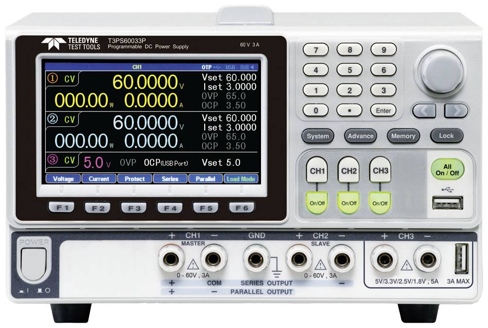 A programmable DC power supply with a digital display, showing voltages and currents for four channels, with control buttons and connections below.