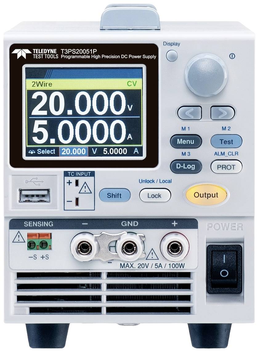 Laboratory power supply with digital display. Shows 20 volts and 5 amperes. Various buttons for control and settings.