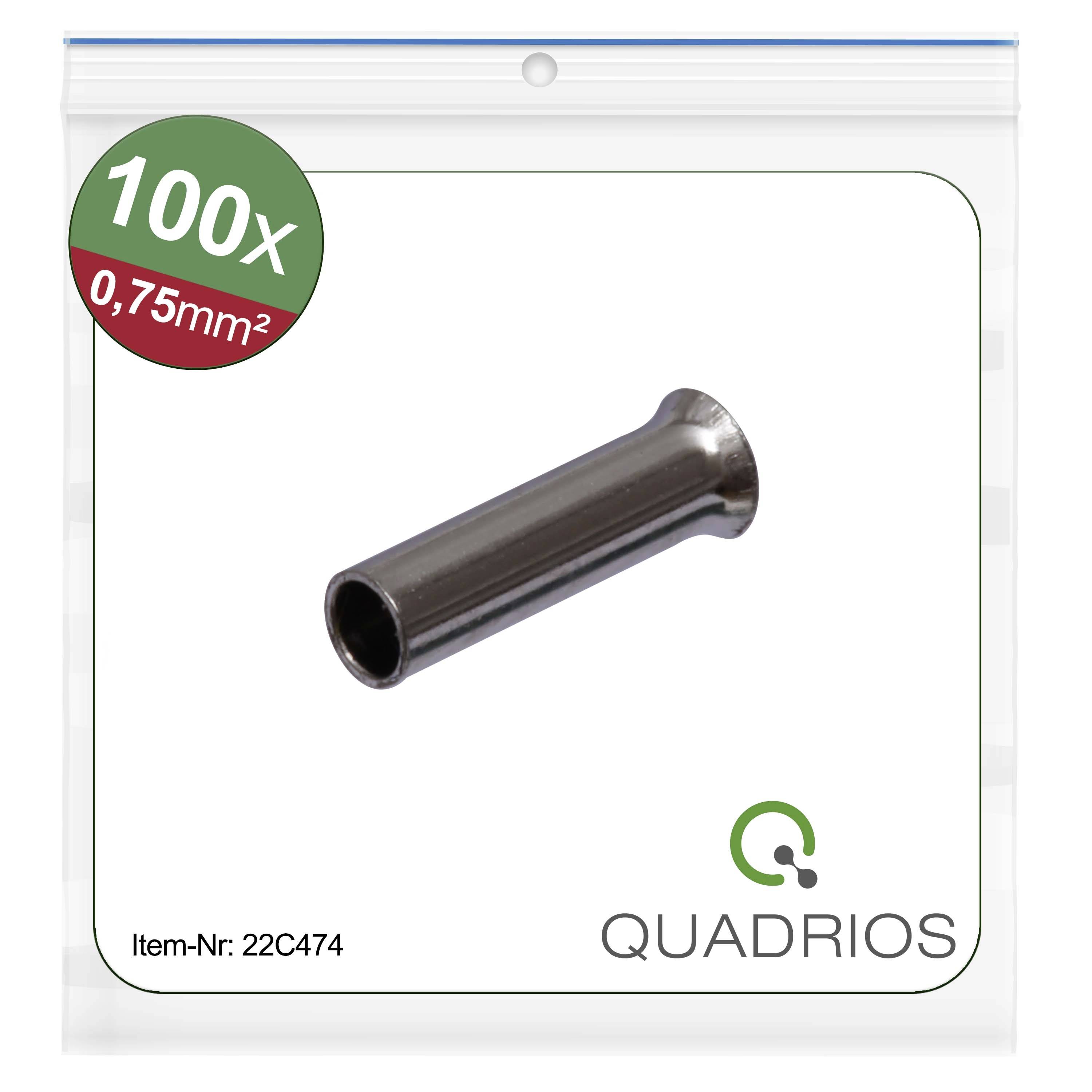 Pictured is a pack of 100 cable lugs, 0.75 mm². Article number 22C474. Brand: Quadrios.