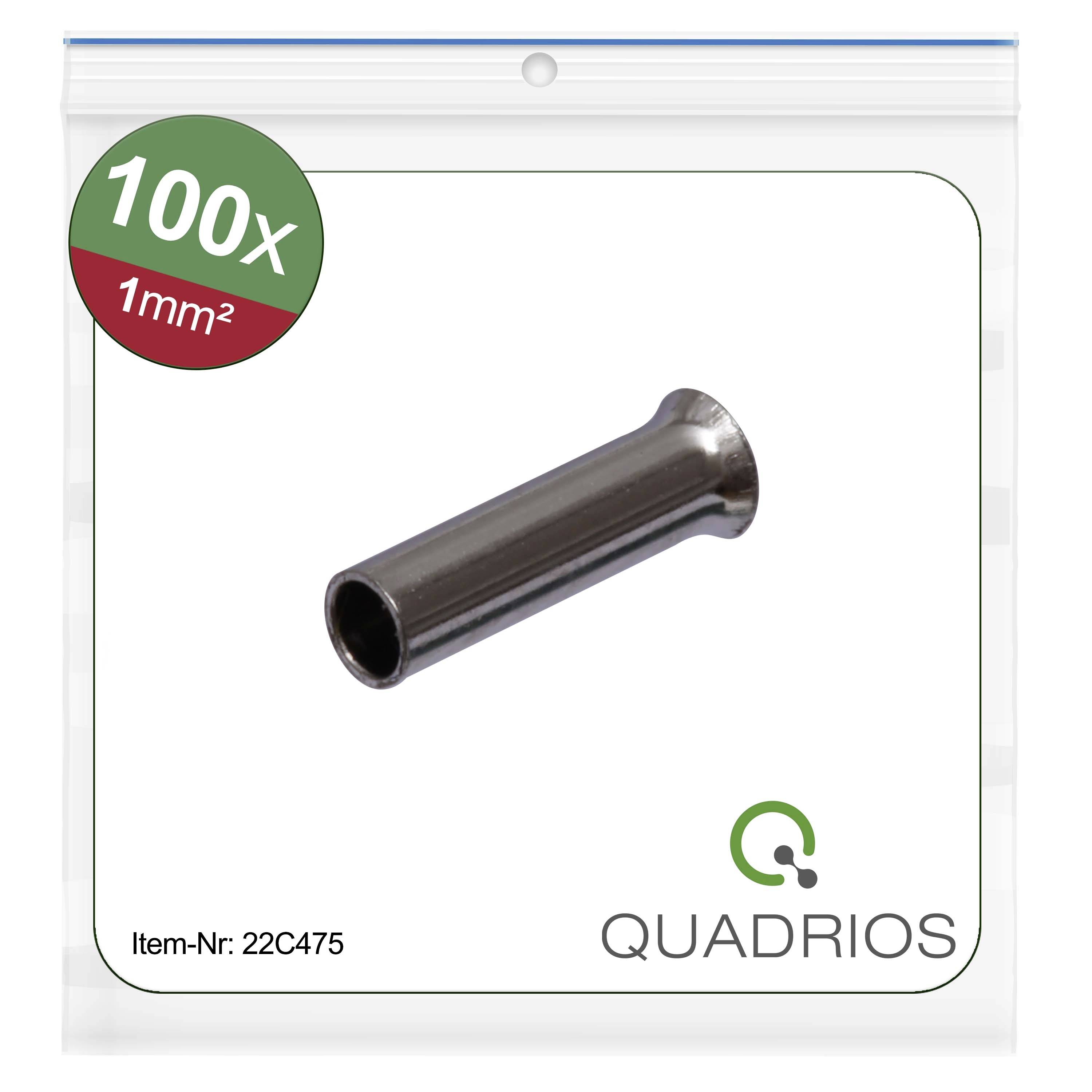 '100x 1mm² Cable Ferrule, QUADRIOS, Article Number: 22C475'. Primarily a metal ferrule in a transparent packaging.
