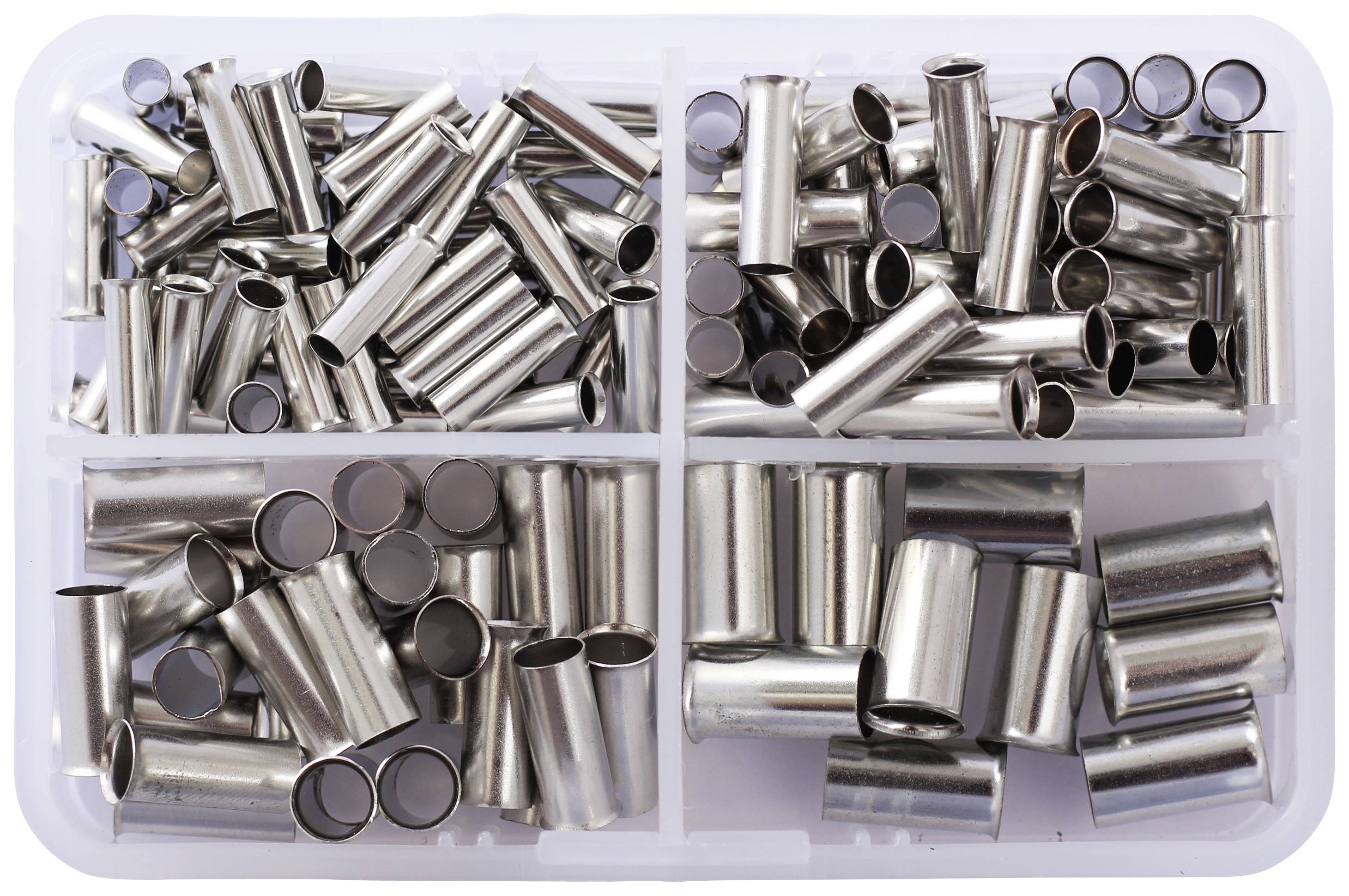 A transparent box with four compartments, each filled with evenly distributed metal sleeves of varying sizes.