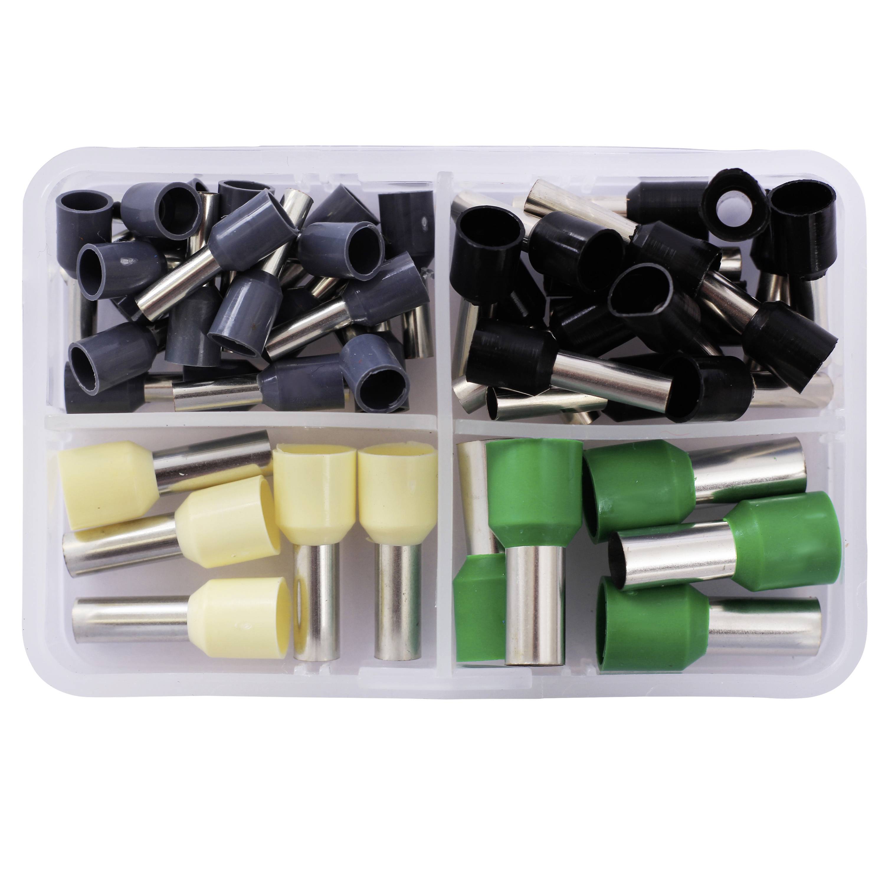Plastic storage box with four compartments, filled with cable end sleeves in different colours: black, grey, yellow, and green.