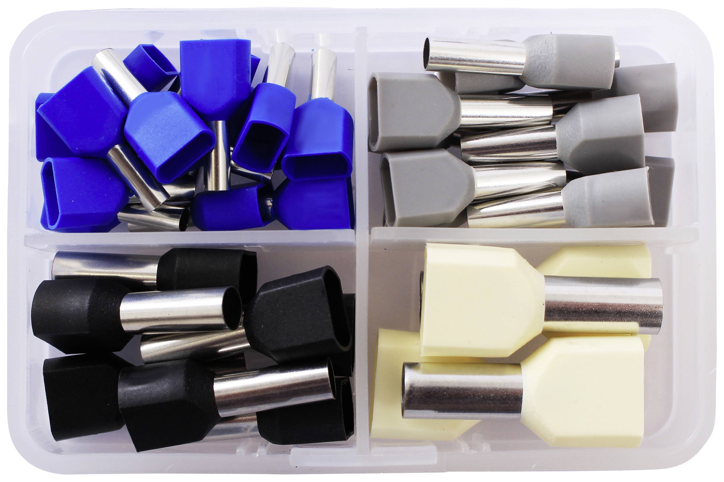 Plastic storage box with four compartments, filled with cable end ferrules in blue, grey, black and yellow.