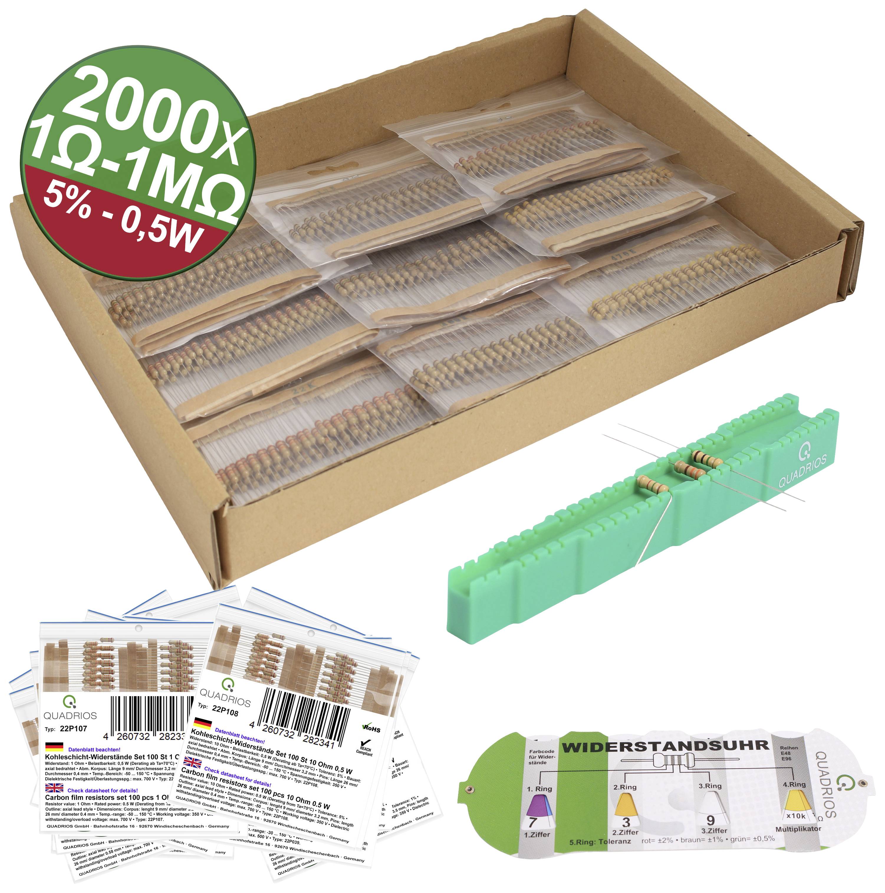 Cardboard box containing 2000 resistors, individually packaged in bags. Printed label shows '1Ω - 1MΩ, 5% - 0.5W'. Includes resistor tester and holder.