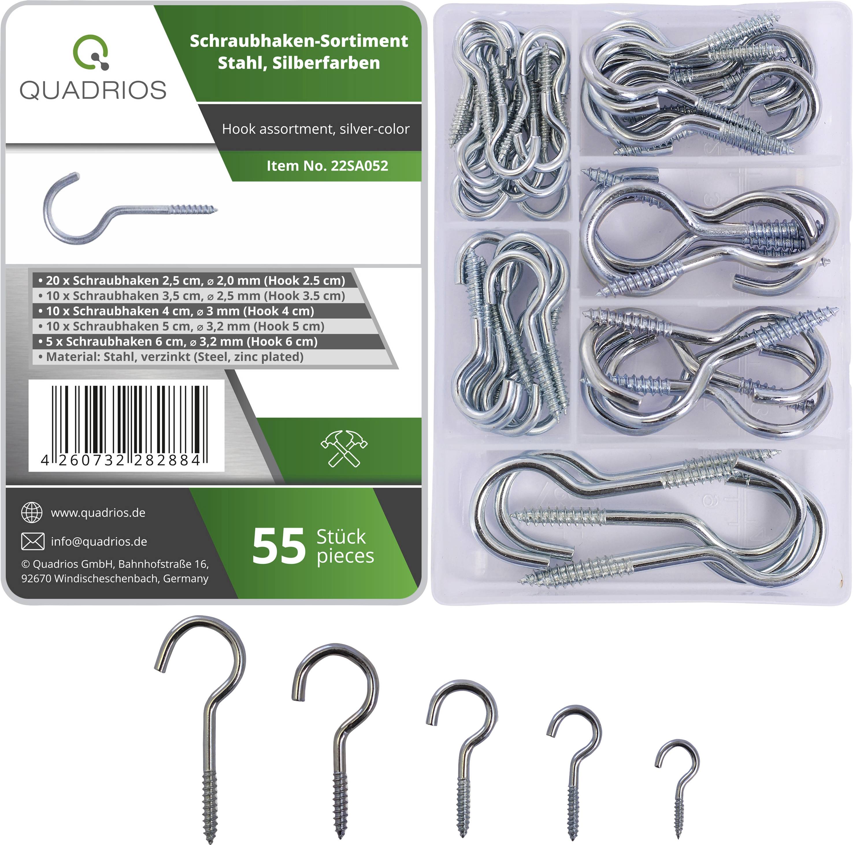 Set of 55 steel screw hooks in silver colour. Contains various sizes. Manufacturer: Quadrios.