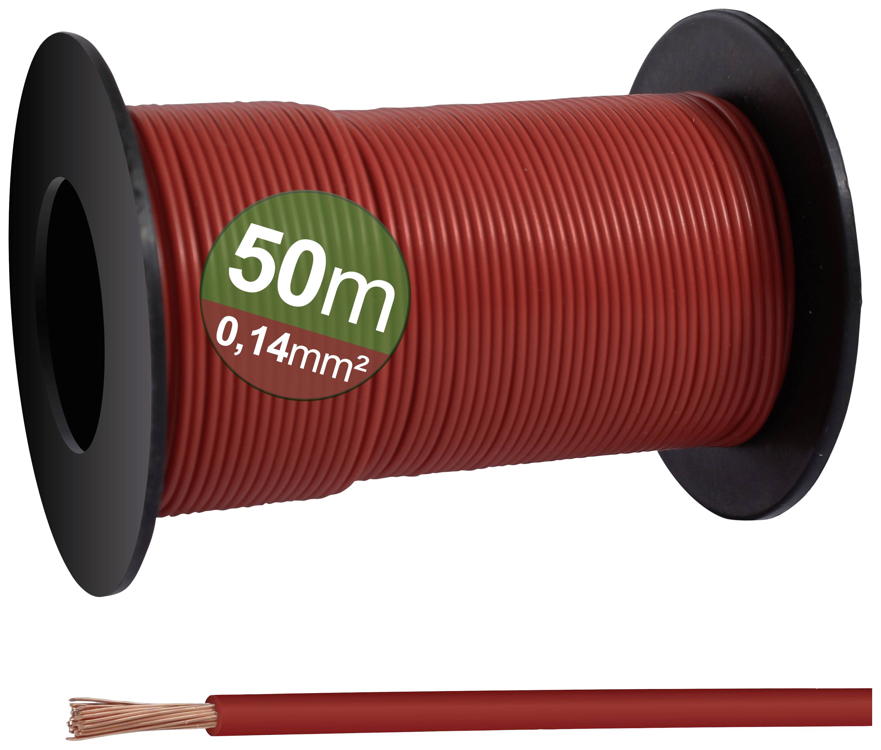Roll of 50 metres of red-insulated copper wire, cross-section 0.14 square millimetres, on a black spool core.