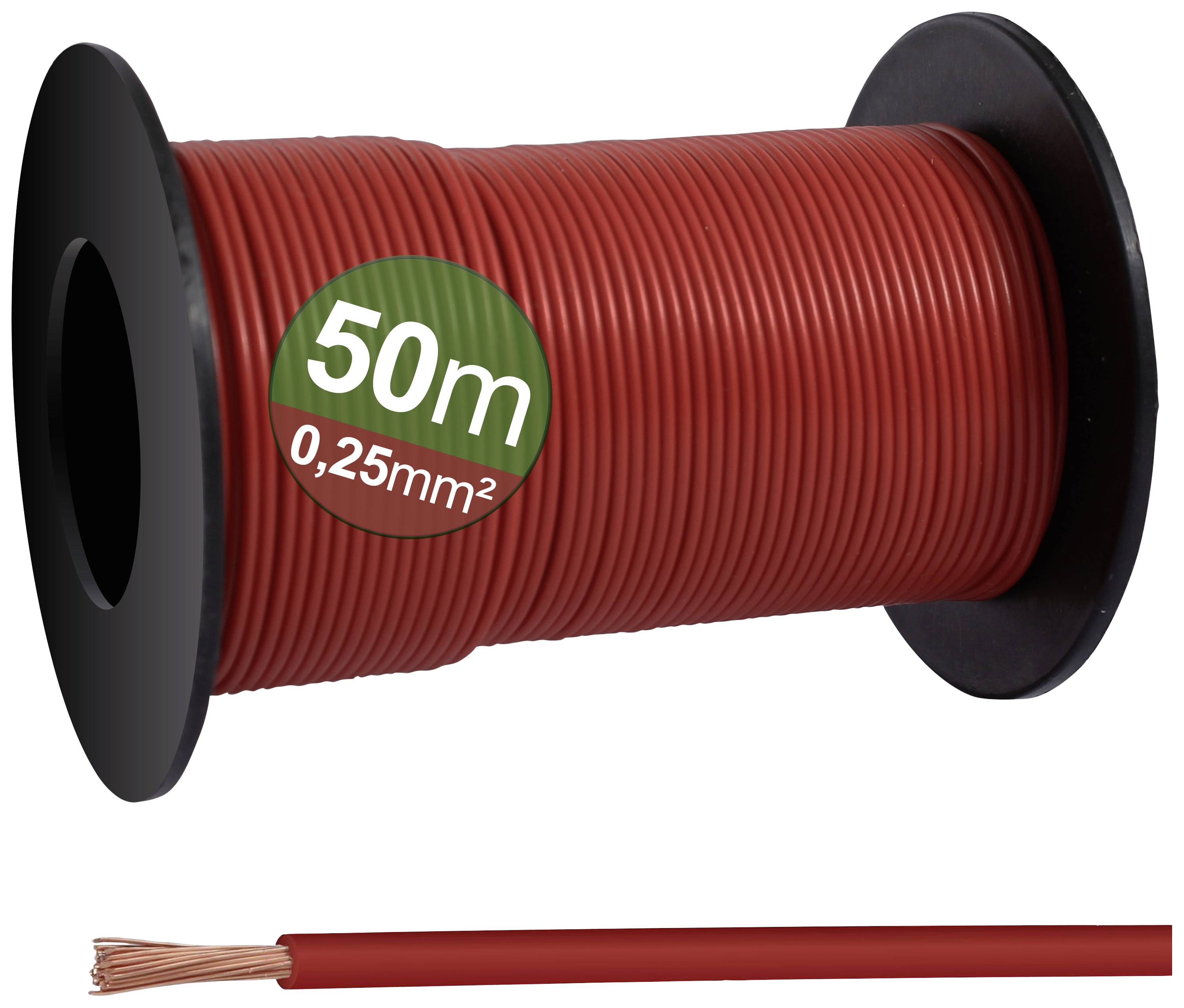 Roll with red cable, 50 metres in length, cross-section 0.25 mm². Suitable for electrical wiring and DIY projects.