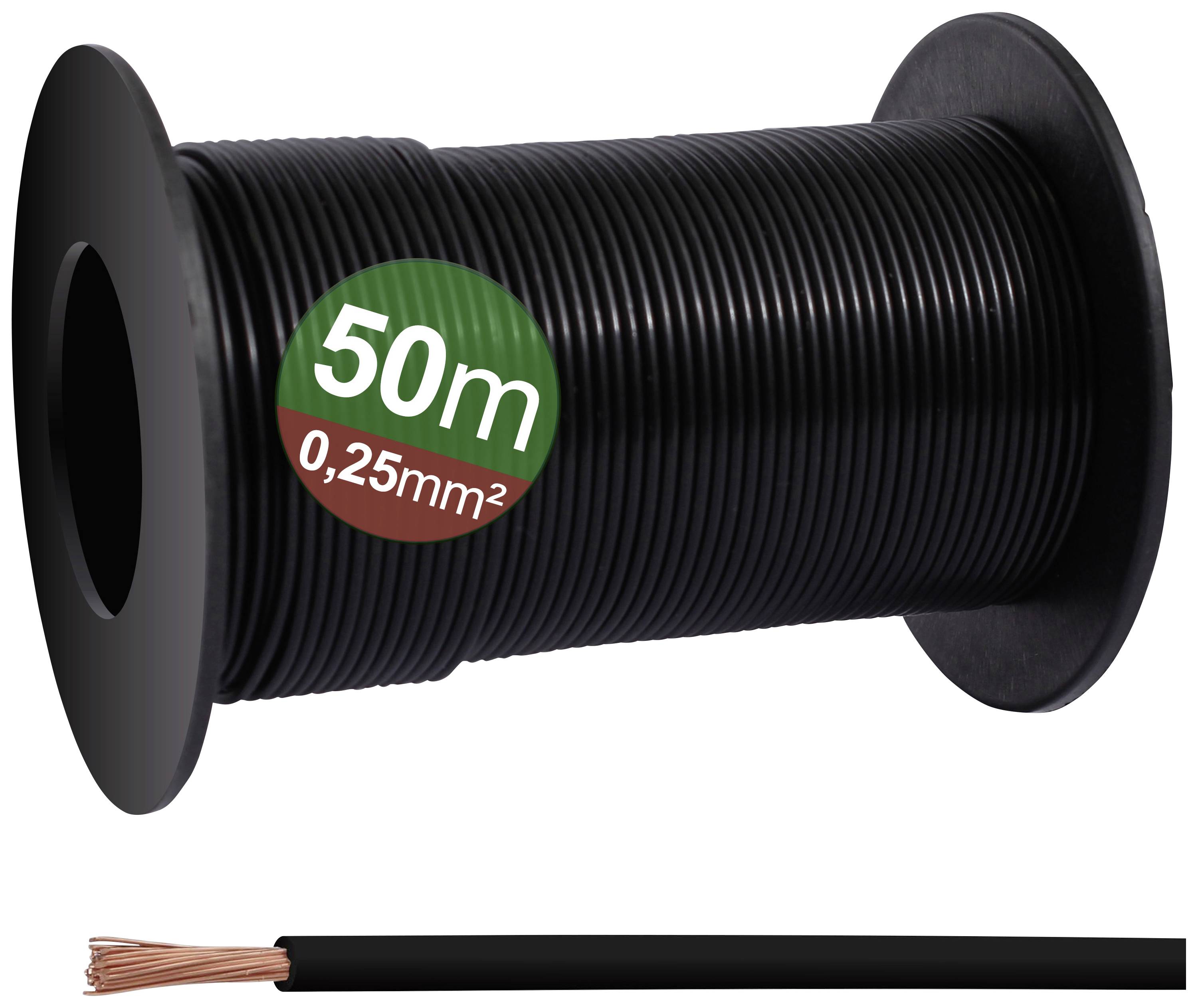 Black cable reel with 50 m length, cross-section 0.25 mm², suitable for electrical installations.