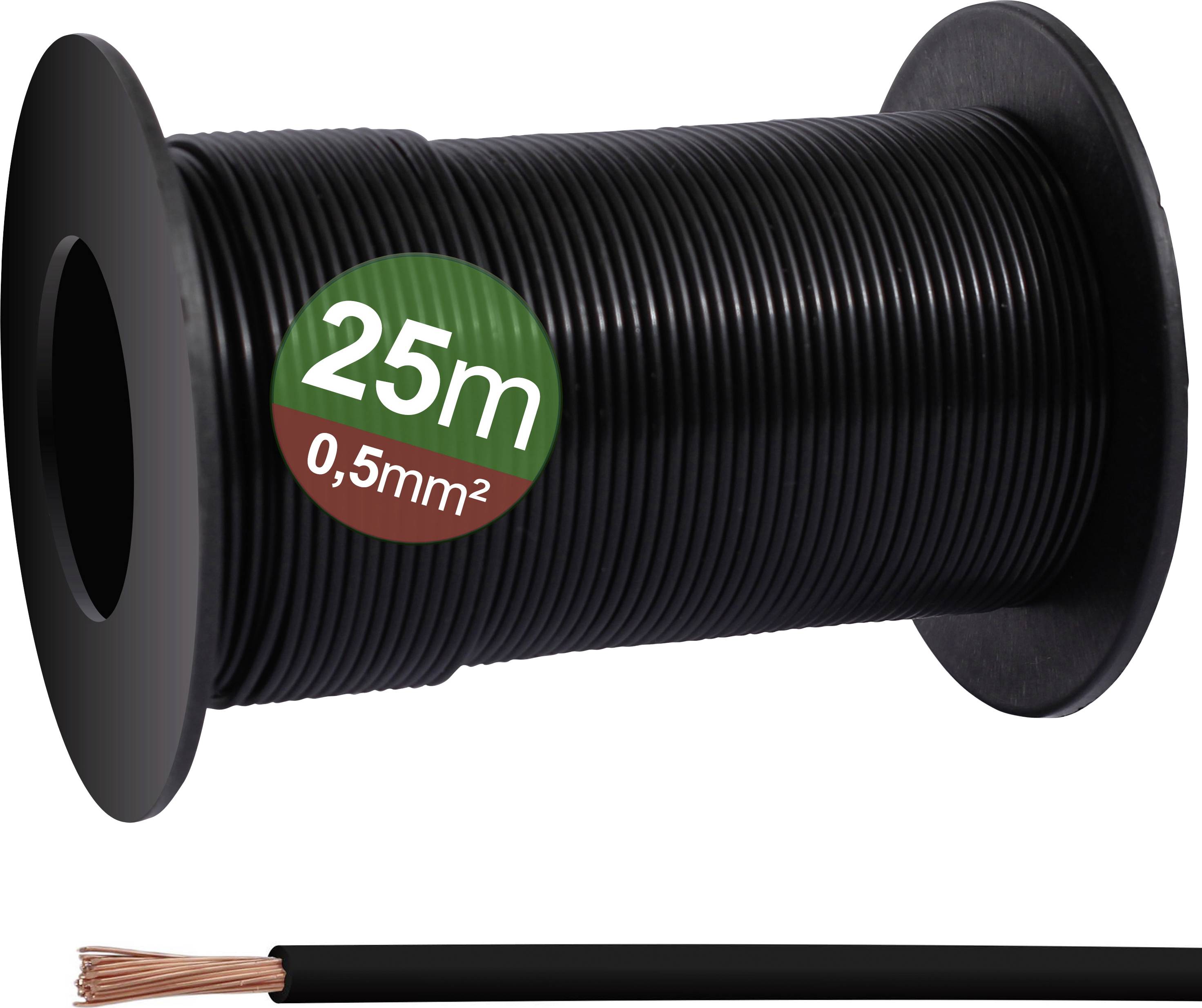 Black cable reel, 25 metres, cross-section 0.5mm², with copper wires.