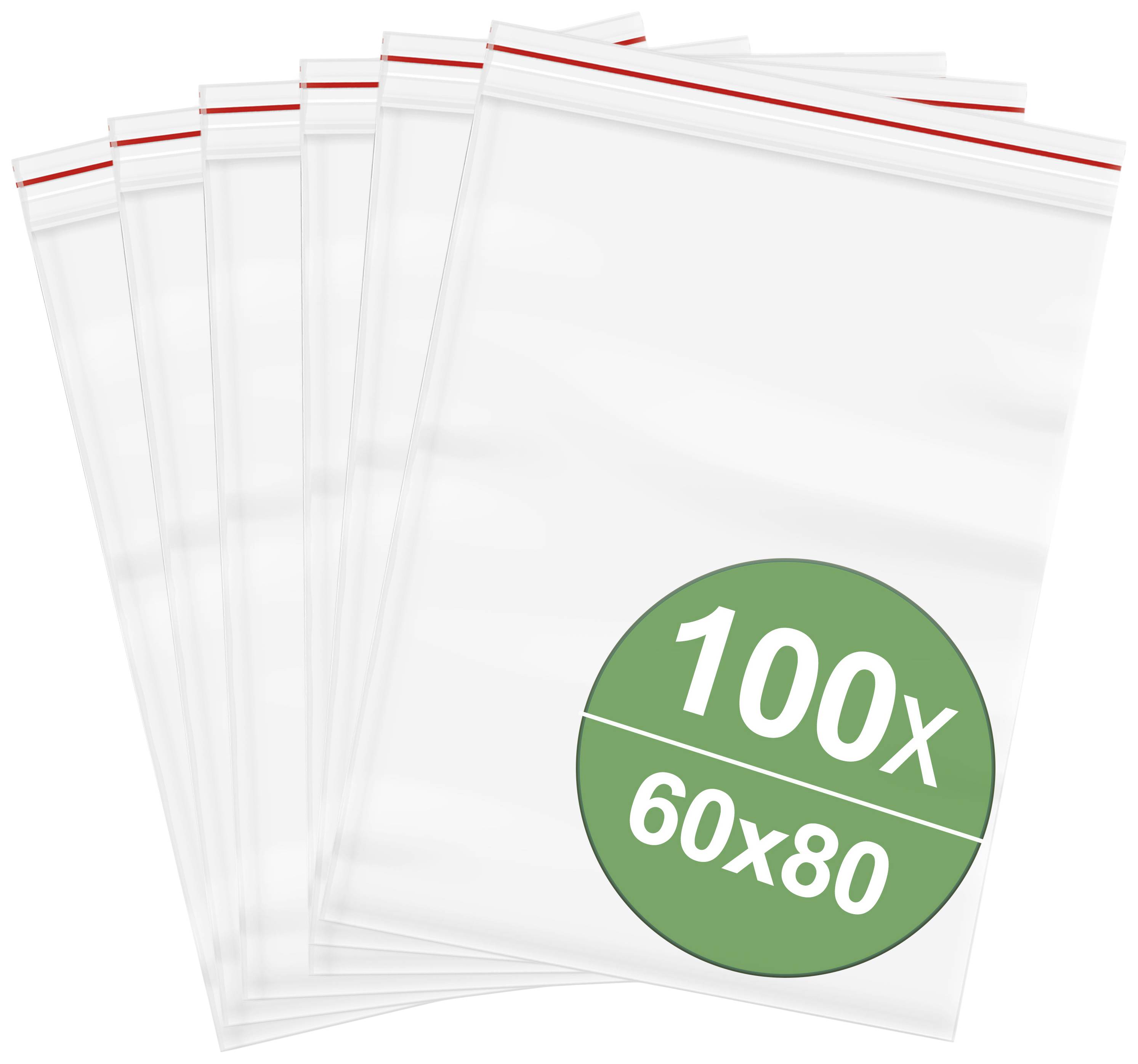 Five transparent zip bags with red seals stacked in an arrangement. One bag features a green circle with '100x 60x80' printed on it.