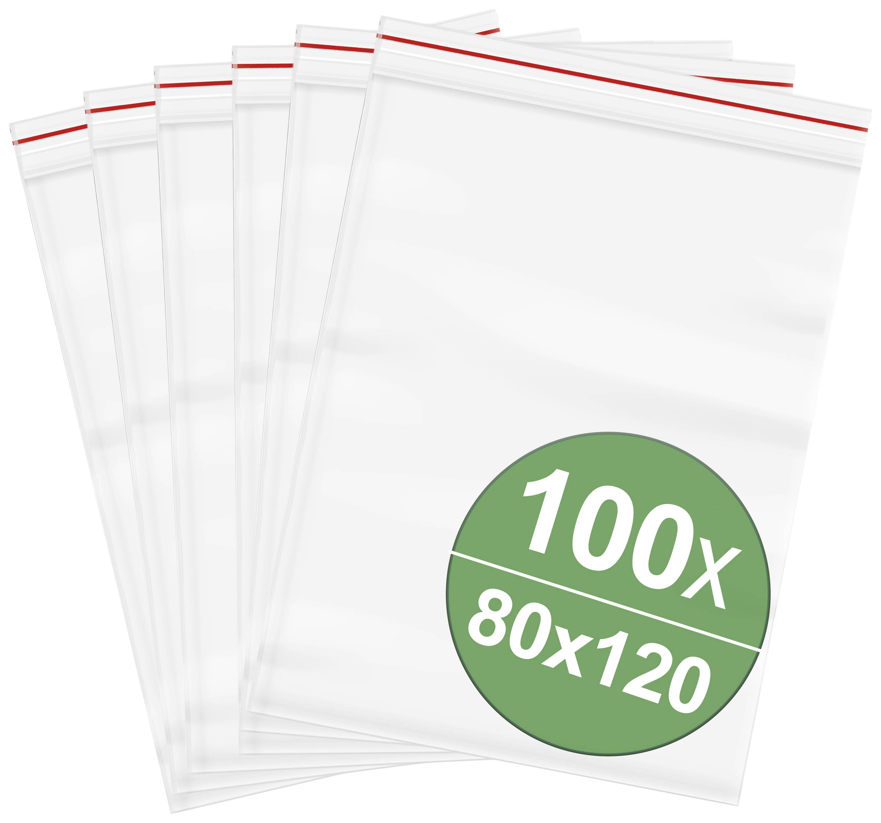 Six transparent zip-lock bags with a red border, with a green circle in the foreground displaying '100x 80x120'.