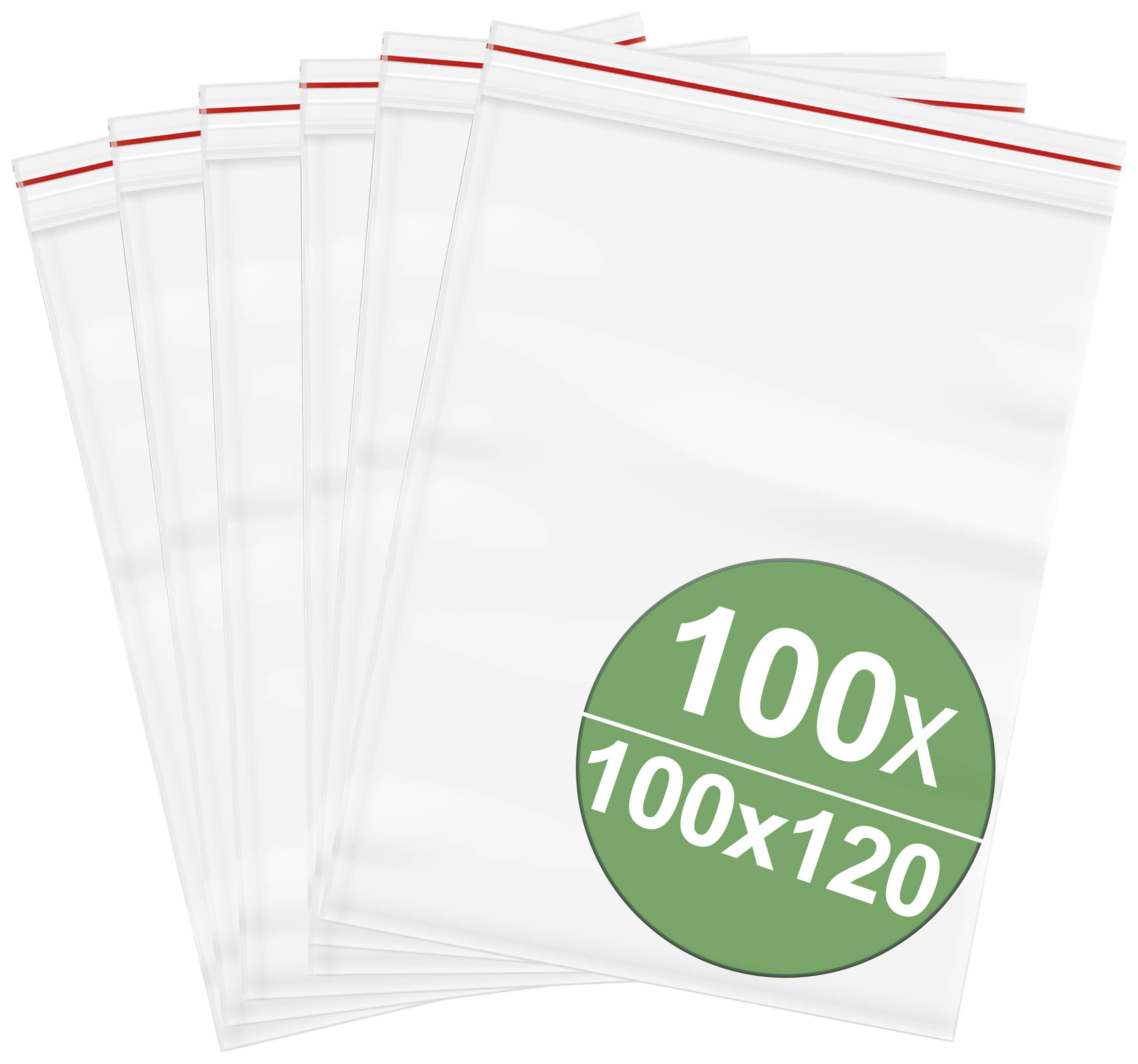 Six transparent zip bags with red seals. One bag displays a green circle with the marking '100x 100x120'.